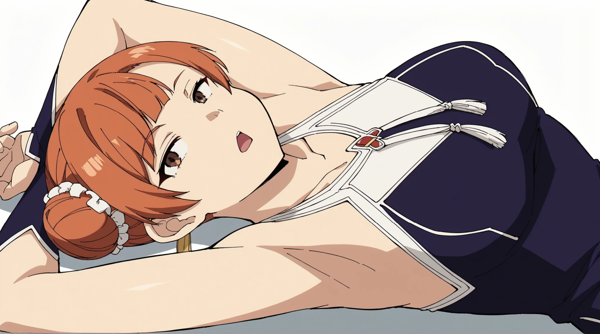 score_9, score_8_up, score_7_up, source_anime, anime screencap, 1girl, solo, LaufenSSnF, orange hair, short hair, hair bun, brown eyes, tassel, china dress, purple dress, sleeveless, halterneck, badhandv4, Raise arms straight up over head, armpit, head towards viewer, eyes closed, (front light:1.1), from side, from below, hurt face, open half mouth, Lie on the floor, white background, simple background, armpit cutout, exposed armpit, faint, unconscious
