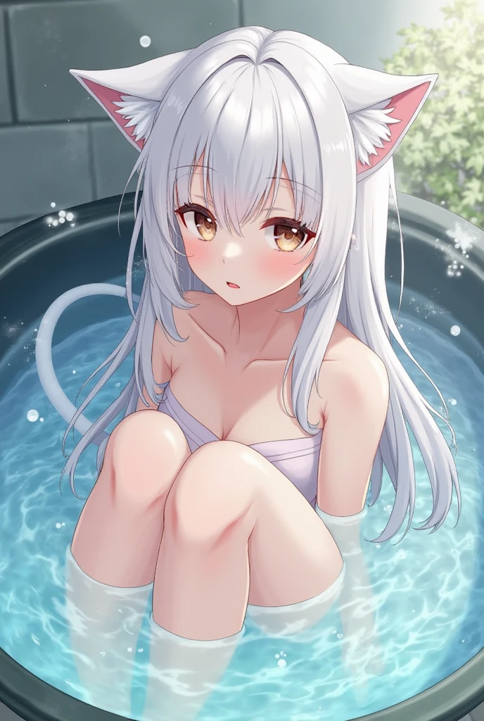 (best quality,4k,8k,highres,masterpiece:1.2),ultra-detailed,(realistic,photorealistic,photo-realistic:1.37),vibrant colors,soft shadows,hint of warm sunlight,beautiful detailed eyes,beautiful detailed lips,sleek and lustrous fur,long bushy tail,innocent and curious expression,2girls,bathroom setting,marble bathtub with gold fixtures,crystal chandelier hanging from the ceiling,white fluffy towels,dainty bathrobe,potted plants adding a touch of nature,steam rising from the hot water,soft candlelight illuminating the room,reflection in the mirror,sparkling water droplets on the fox's fur,playful splashes of water,suspension of droplets mid-air,magical and whimsical atmosphere,anime style portrait,watercolor brushstrokes adding a dreamy effect.