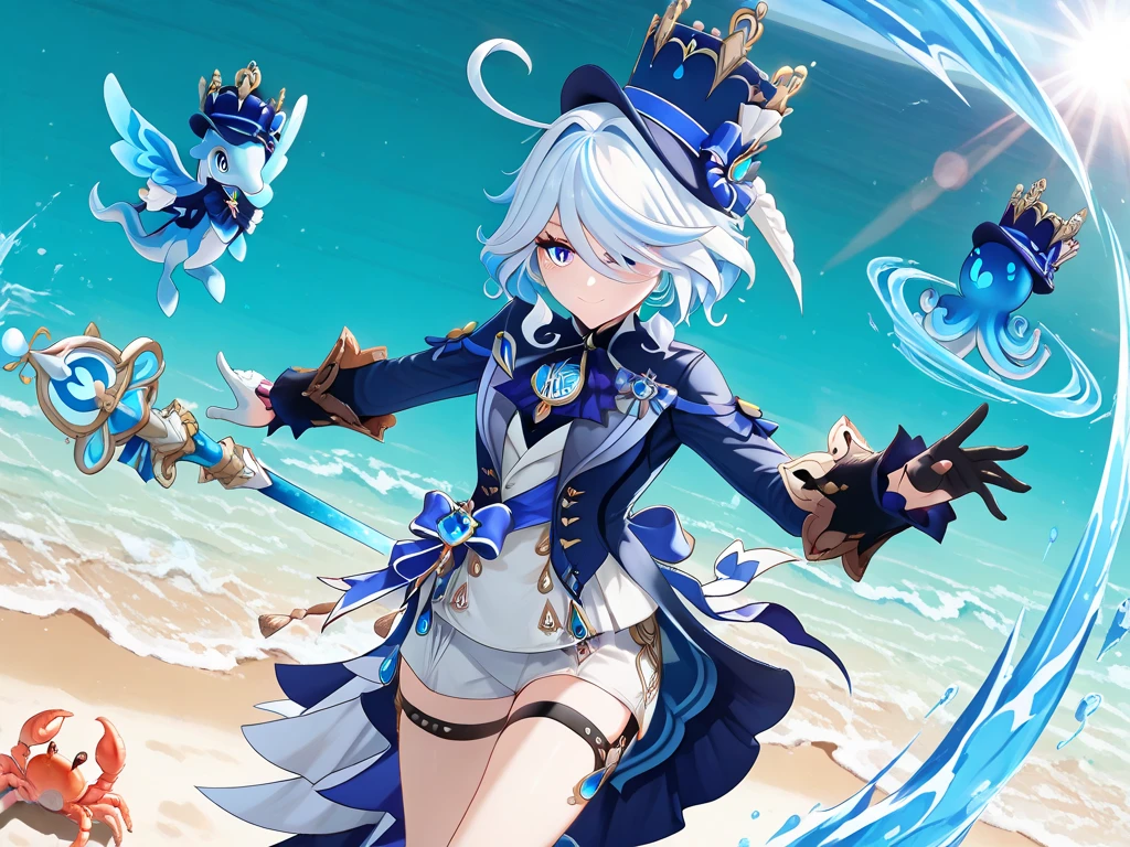 1girl,furina, genshin impact, gentle smile,blue eyes, blue hair, cowlick, ahoge, hair over one eye, light blue hair, short hair,asymmetrical gloves, black gloves, frills, gloves, half gloves, hat, shorts, tailcoat, thigh strap, top hat, white gloves, white shorts,bangs,eye focus,sparkle,glowing,eyelashes,spinning,slashing weapon,glowing slash line,dramatic lighting, cinematic composition,beach side,lens flare,(hat wearing octopus,seahorse,hermit crab),ethereal glow,(((soft lighting,wide shot,motion blur,motion line))),official art,anime style,masterpiece, best quality, ultra-detailed, high resolution, 8k, finely detailed, intricate details, highly detailed eyes, beautiful lighting, sharp focus, dynamic pose, vibrant colors, dramatic shadows, perfect anatomy, detailed clothes, ray tracing reflections,Golden Ratio Composition,Diagonal Composition
