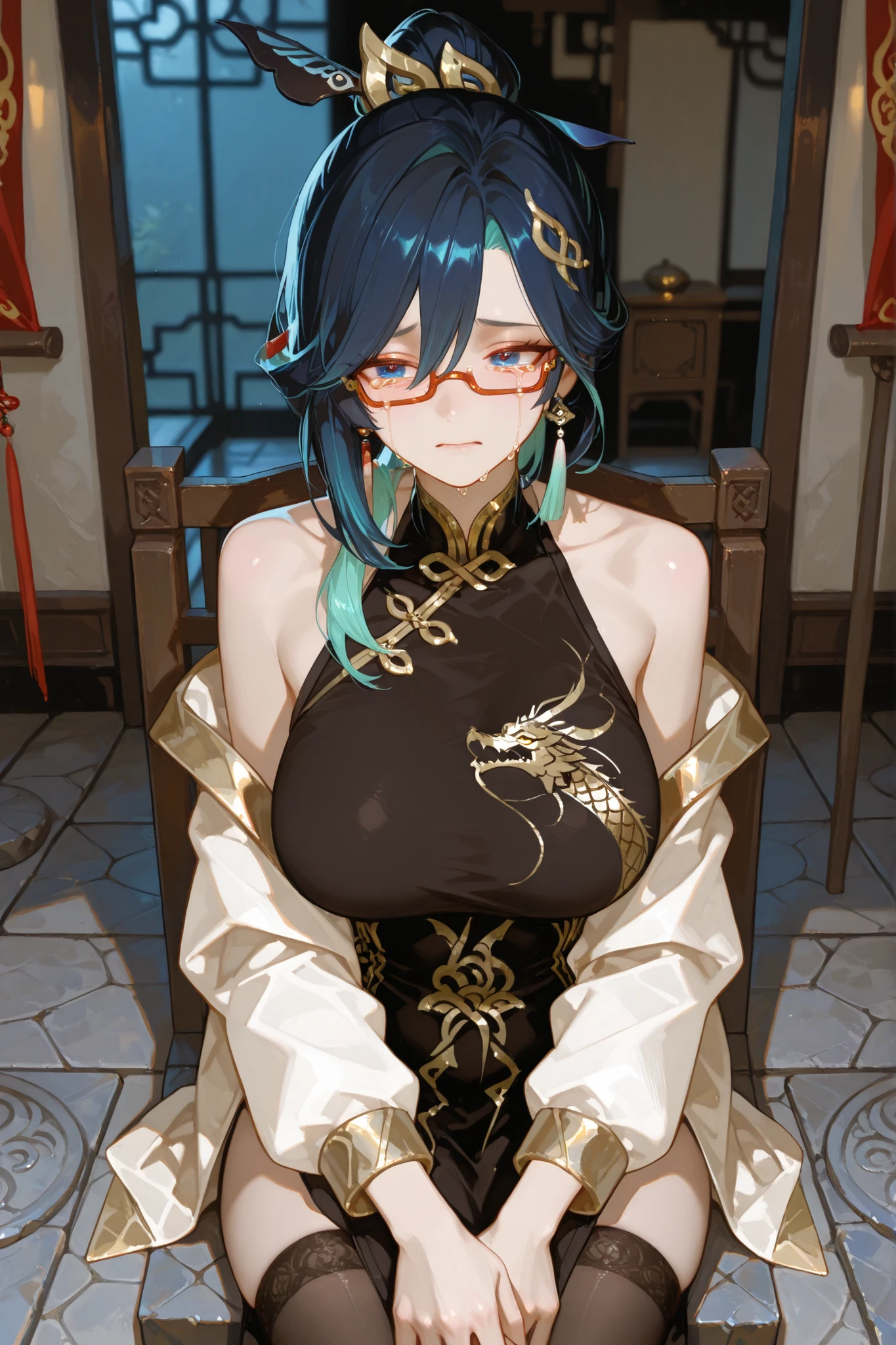 xianyunexp, blue eyes, multicolored hair, ponytail, hair ornament,,《 Genshin》Role in。Masterpiece、anime style、best quality、high resolution、4k。Off Shoulder，Smooth neck，black stockings,black and gold dragon embroidery flag（Clothes are very conservative）,dynamic sitting（sitting on a chair）,Mature Women,Red-framed eyes，cry, shed tears after being bombed，Whoa whoa crying，Hands wiped with tears ，Ancient Chinese Courtyard，Stone table ，Realistic Style,Female Characters,Extreme Details,professional lighting,Focus,physically renders,Extreme Details,Professional work ,Depth of field