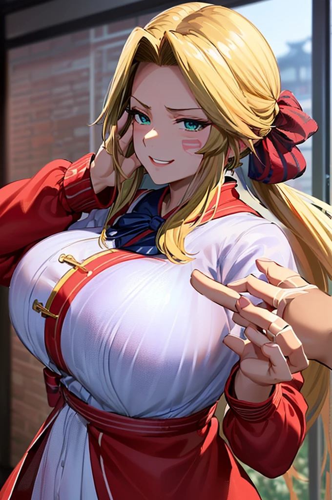 best quality, high resolution, sky, upper body, (huge breasts:1.2), beatrix amerhauser, long hair, blue eyes, blonde hair, ponytail, gloves, fingerless gloves, armor, japanese armor, tank top, white tank top, cleavage, collarbone, blush, happy, smile, openmouth, looking at viewer, pose