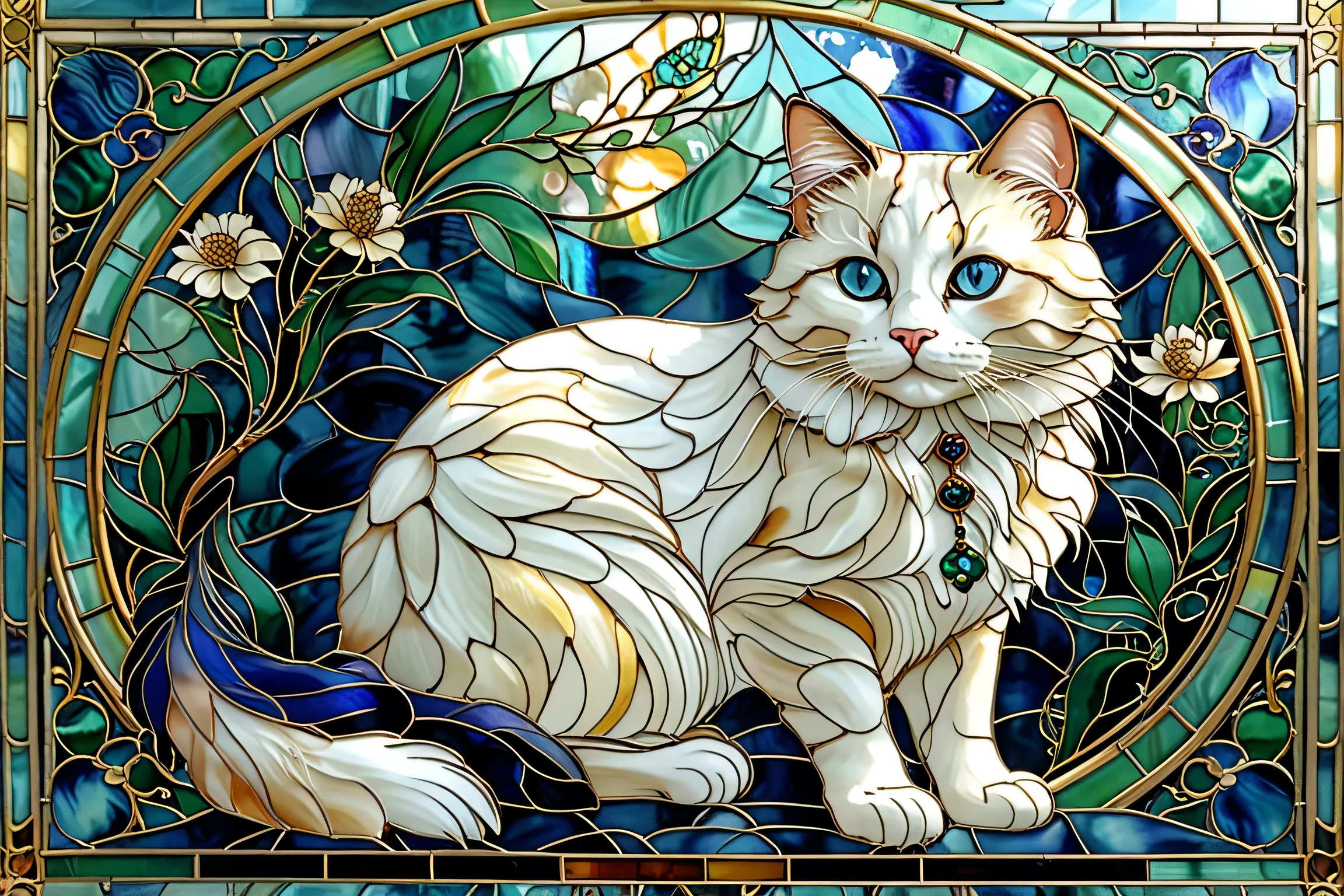 drawn in Art Nouveau stained glass style、An elegant and mysterious cat。Blue-eyed bicolor ragdoll。Delicate patterns overlap like feathers。Deep blue and emerald green spread out in the background、fantasticで調和のとれた雰囲気を演出。The cat is surrounded by gorgeous peony flowers and swirling vines、The entire composition is wrapped with golden arches。High precision in selection、fantastic、An art work with a sense of luminescence。