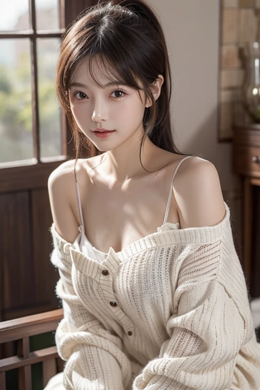 (masterpiece:1.3), (8K, realistic, RAW photos, Best image quality: 1.4), Japanese high school girls、(random hairstyles:1.2)、have big breasts:1.2、Breastfeeding 1.2 tits too big、round ass、complete appearance、Super detailed face、eye for detail、double eyelid、Put your heart together、sharp focus:1.2、Beautiful woman:1.4、light brown hair、top quality、masterpiece、Super high resolution、(realistic:1.4)、Highly detailed and professionally illuminated smile、Loose and light knitwear、stick out one's shoulder、slim、serious expression、short and detailed hair、fatal position