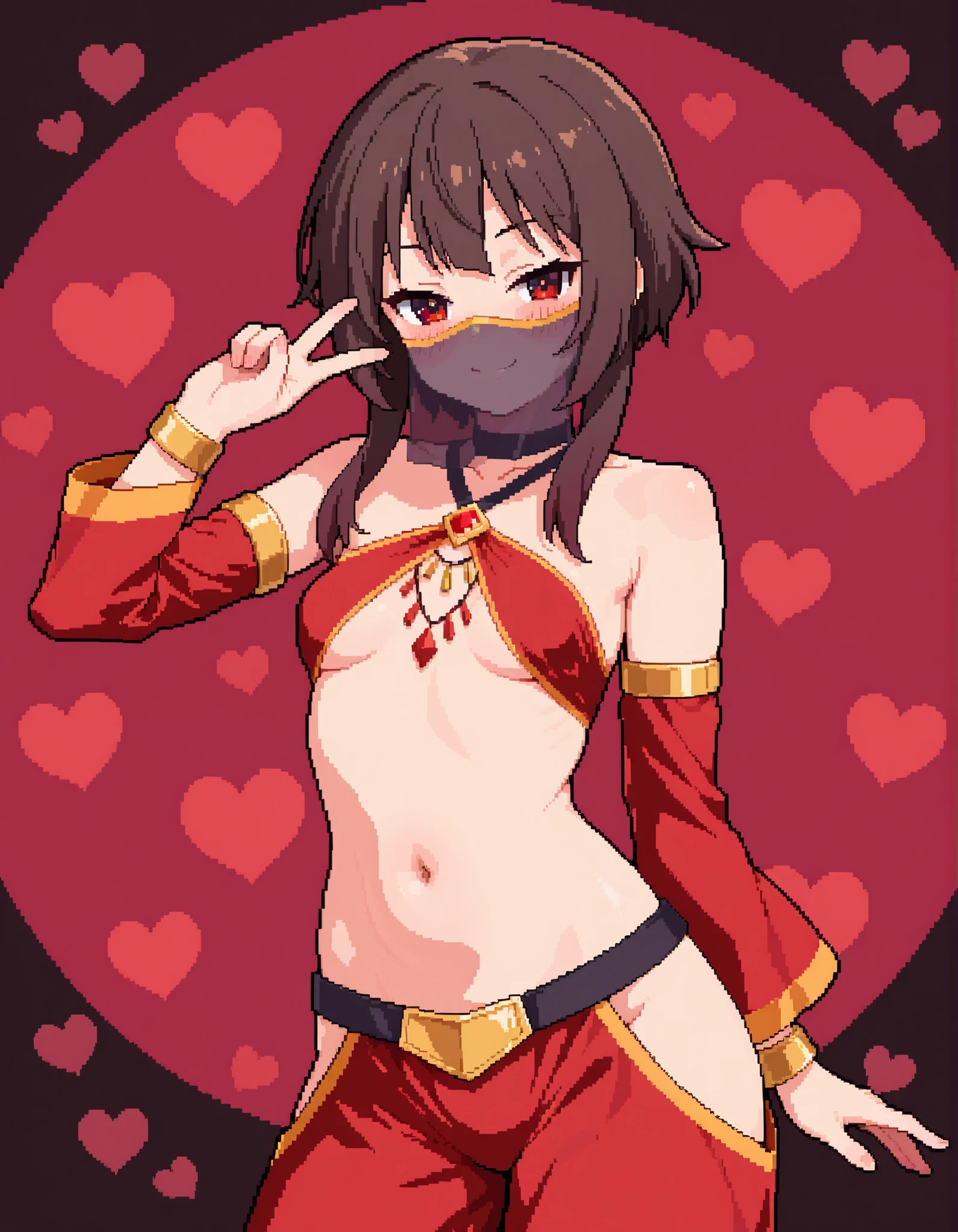 safe, 1girl, solo, pixstyle,
kono subarashii sekai ni shukufuku wo!, megumin, red eyes, tsurime, brown hair, short hair, short hair with long locks, sidelocks, small , revealing clothes, harem outfit, mouth veil, collarbone, halterneck, criss-cross halter, necklace, detached sleeves, bracelet,  shoulders, navel, hip vent, harem pants, cowboy shot, v, hand up, looking at viewer, simple background, red background, heart background, blush,  face, smile, half-closed eyes