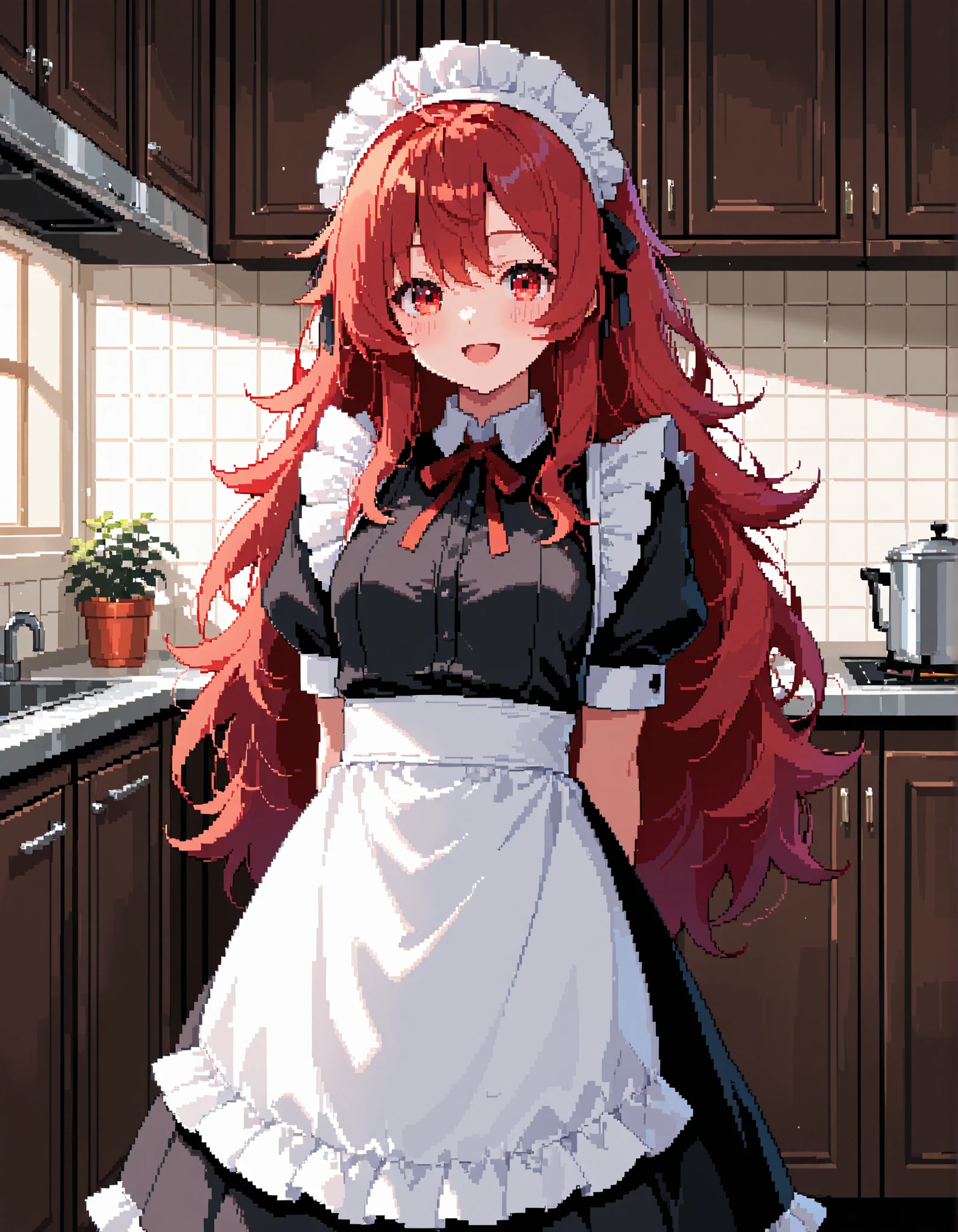 masterpiece, best quality, high resolution, absurdres, 1girl, pixstyle, maid, maid_headdress, black_dress, red_hair, red_eyes, very_long_hair, messy_hair, arms_behind_back, happy, kitchen, indoors