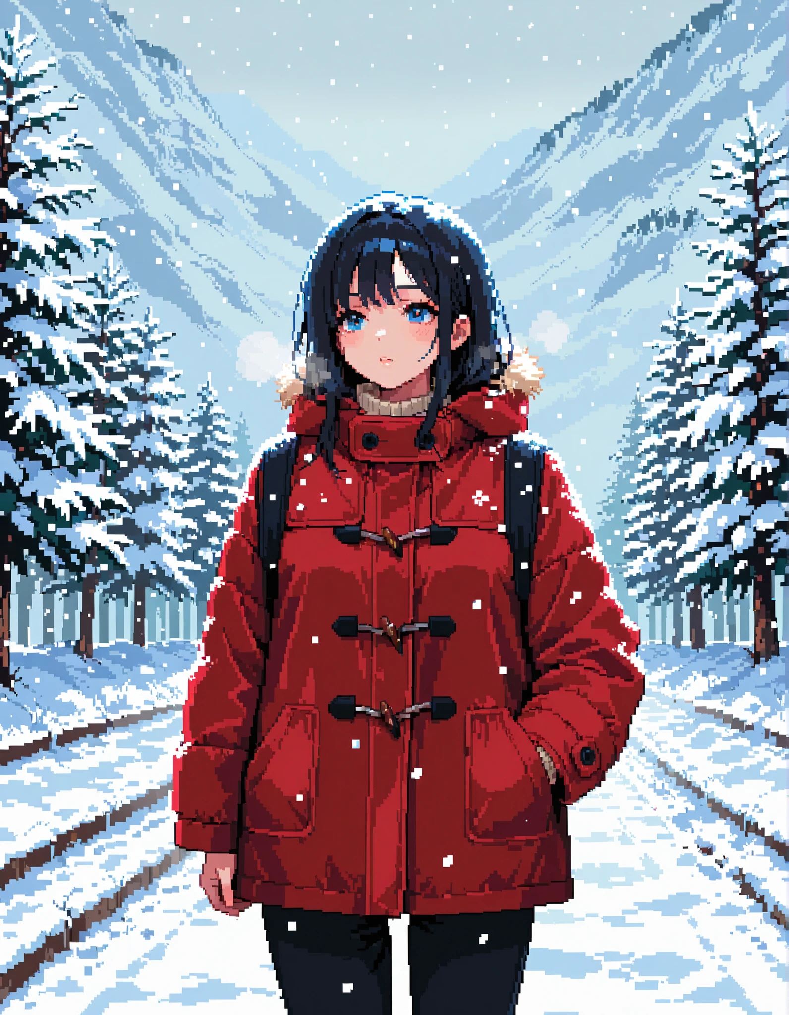 masterpiece, best quality, high resolution, absurdres, 1girl, pixstyle, pixel_art,  winter, winter_clothes, outdoors, snowing, falling_snow
