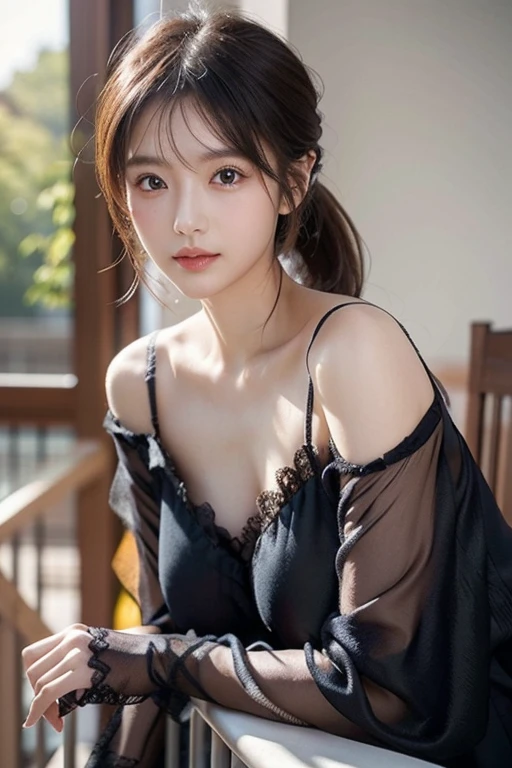 Random photos  posture, 
(raw photo,8k,photorealistic:1.3),(masterpiece, best quality),  (from below), 35mm shot, looking at viewer, highres, 
((a girl, solo)) , (detailed beautiful face, beautiful detailed pink eyes,  detailed perfect skin), 
((flat chest)), high ponytail contorted, eyes visible through hair, (blush), wet hair,
sitting, white|black kimono, topless, (leg crossed) , arms behind back, water, hair ornament, lace trim,