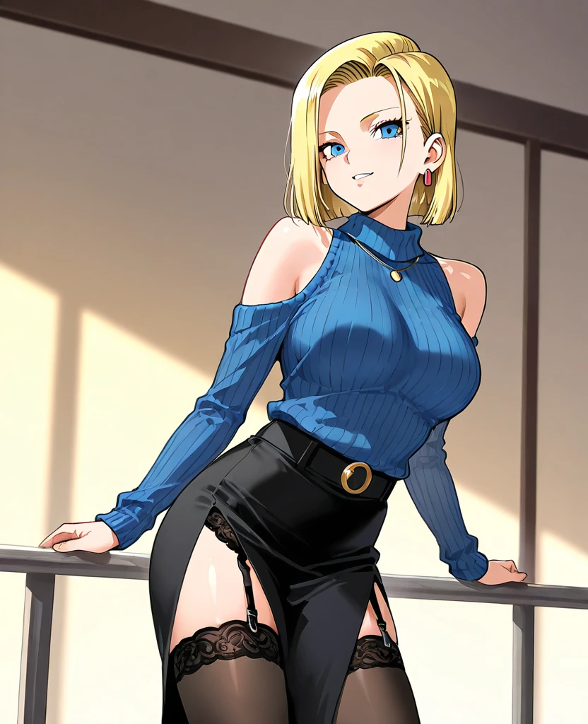masterpiece, (Photorealsitic:1.4), top-quality, beautiful lighting,Android18DB, 独奏, 耳Nipple Ring, jewely, jaket, denim, embarassed expression, The shirt, a belt, ,((Black pantyhose))、 denim_Skirt, Raw photography, 8K UHD, film grains,(((Bra shows through and are visible)))、panties on、((self lift))、high-heels、(((the whole body is wet)))、Kneeling