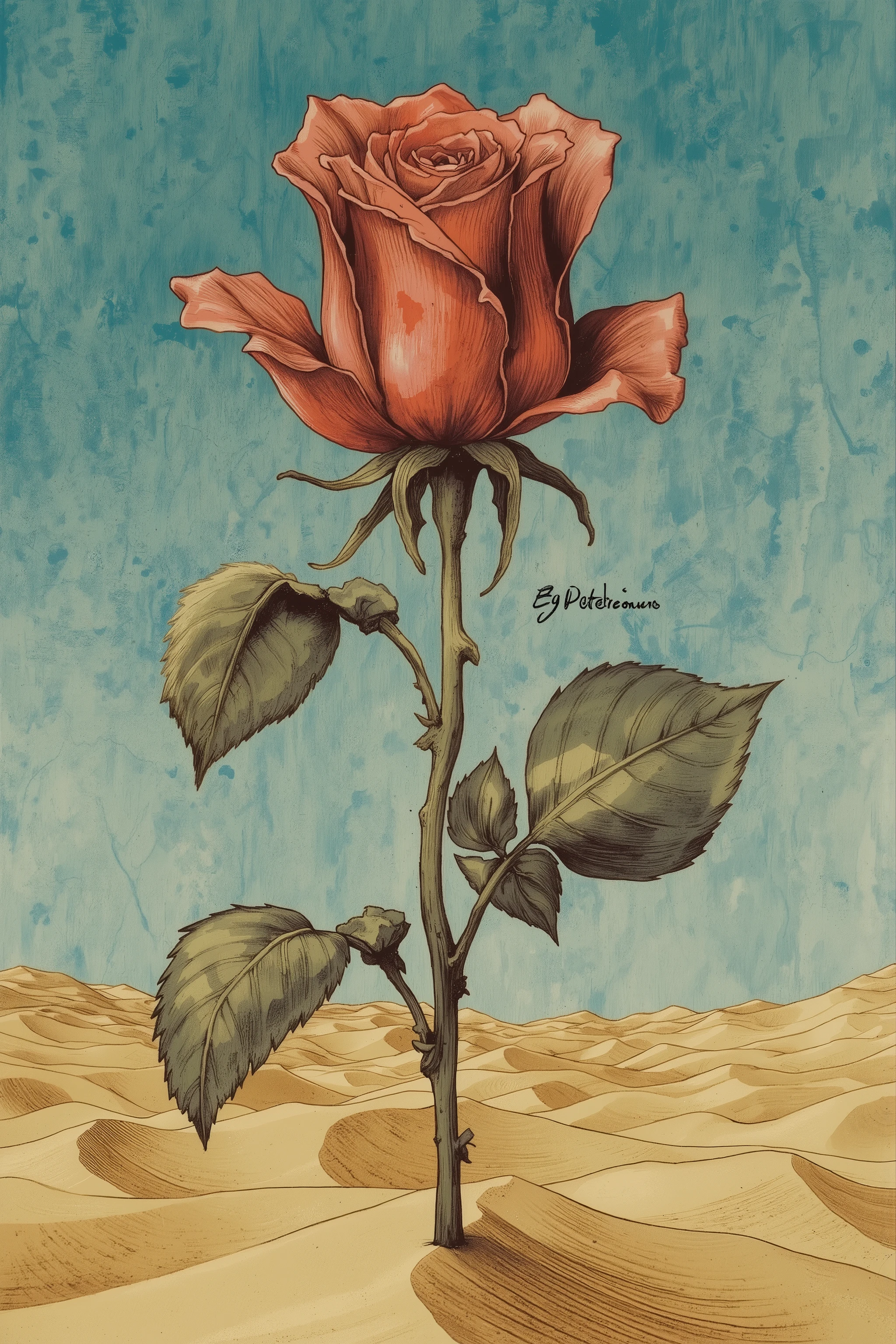 art of A single rose in the desert,Turquoise blue sky,,Album cover art,ArsMJStyle, Zen Ink Wash Sumi-e,drowing