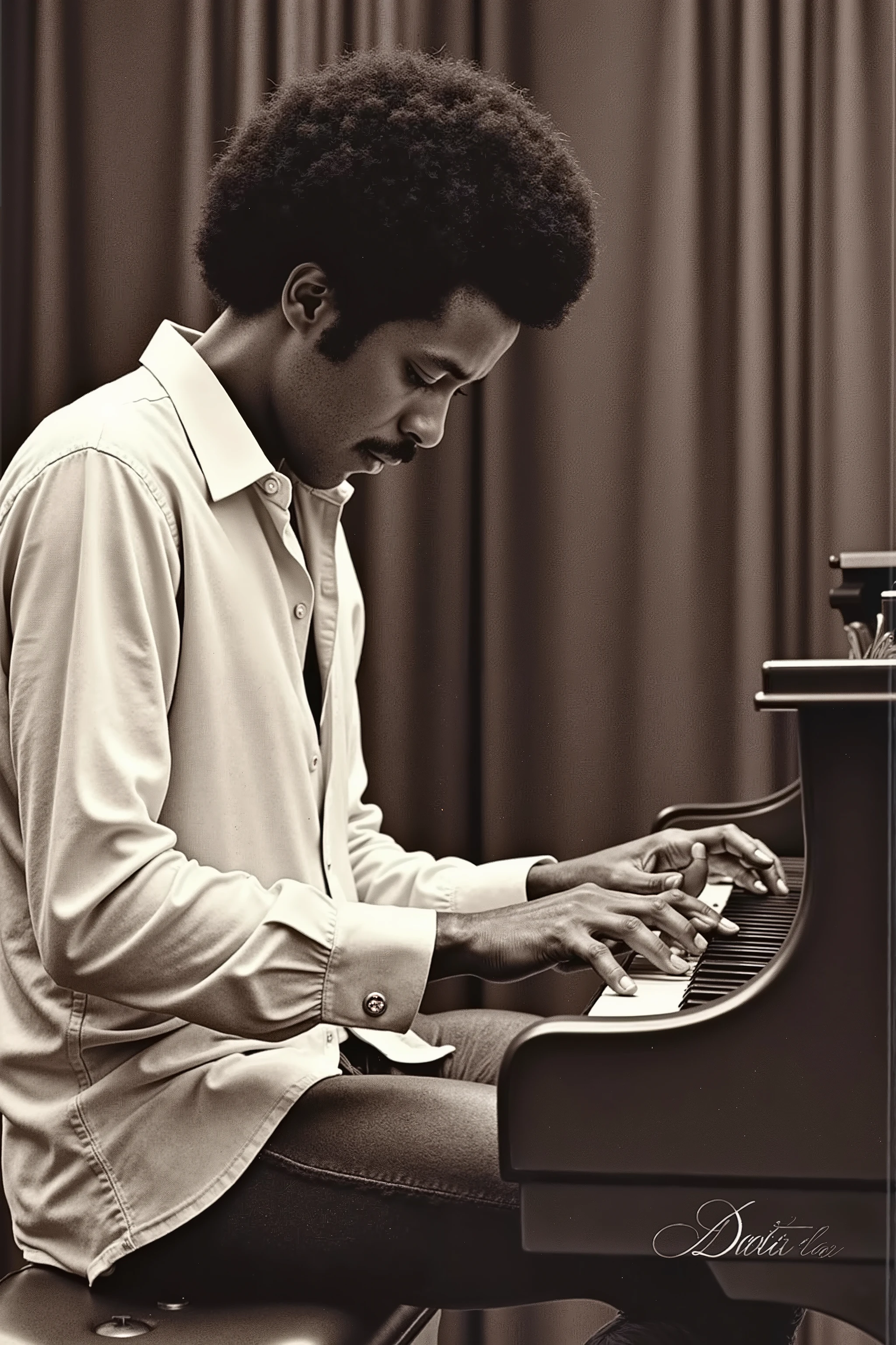 close up face,side view,solo,A black man in a white shirt is playing the piano,Feel the quiet passion,He is playing the piano with his head down,Afro Hair,1970's,Grand Piano,Monochrome,Album cover art