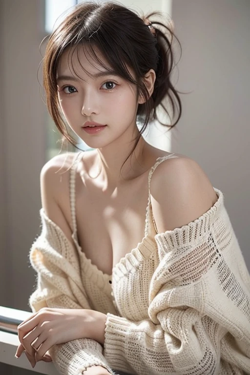 (Extremely detailed CG unified 8k wallpaper), The most beautiful works of art in the world, 1 girl, Upper body,kpop idol, Big breasts, saggy breasts, (overszed sweater, off shoulders)
