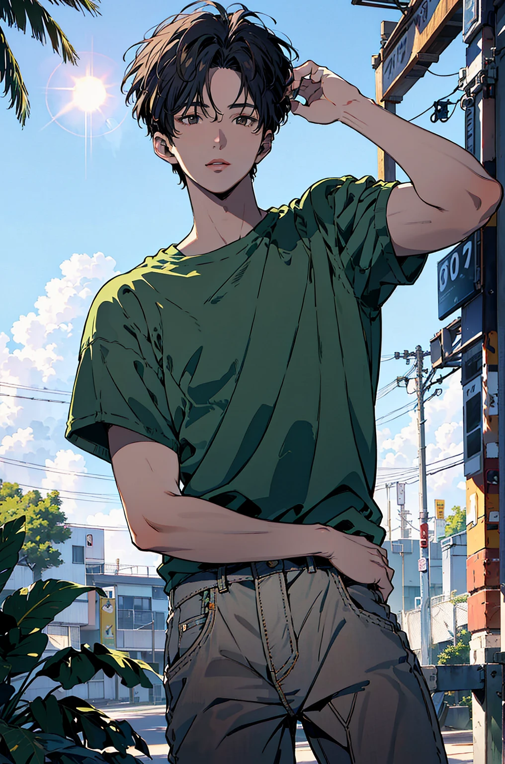 pastel , 1980s Style ,colored pencil drawing，( top quality:1.2, very detailed, Newest,  masterpiece:1.2,  Best Aesthetics),((最高masterpiece)),(((top quality)))high definition、((Cool Summer Model Style、 beautiful、Illustration of a cool and handsome 18-year-old man、Cool and Handsome Poses、 :1.4))((((            An 18-year-old handsome man shining in the bright sun            、colorfulな髪色,Cool casual clothes、vintage jeans、)))), (colorful),,Cinematic Light,{X} very detailedなCG Unity 8k壁紙 LIGHT, fantasy shot taken with Nikon Z7 II mirrorless camera,Bright Beach Background、1980s retro vintage sparkling bright beach view         、Sparkling color gradients。