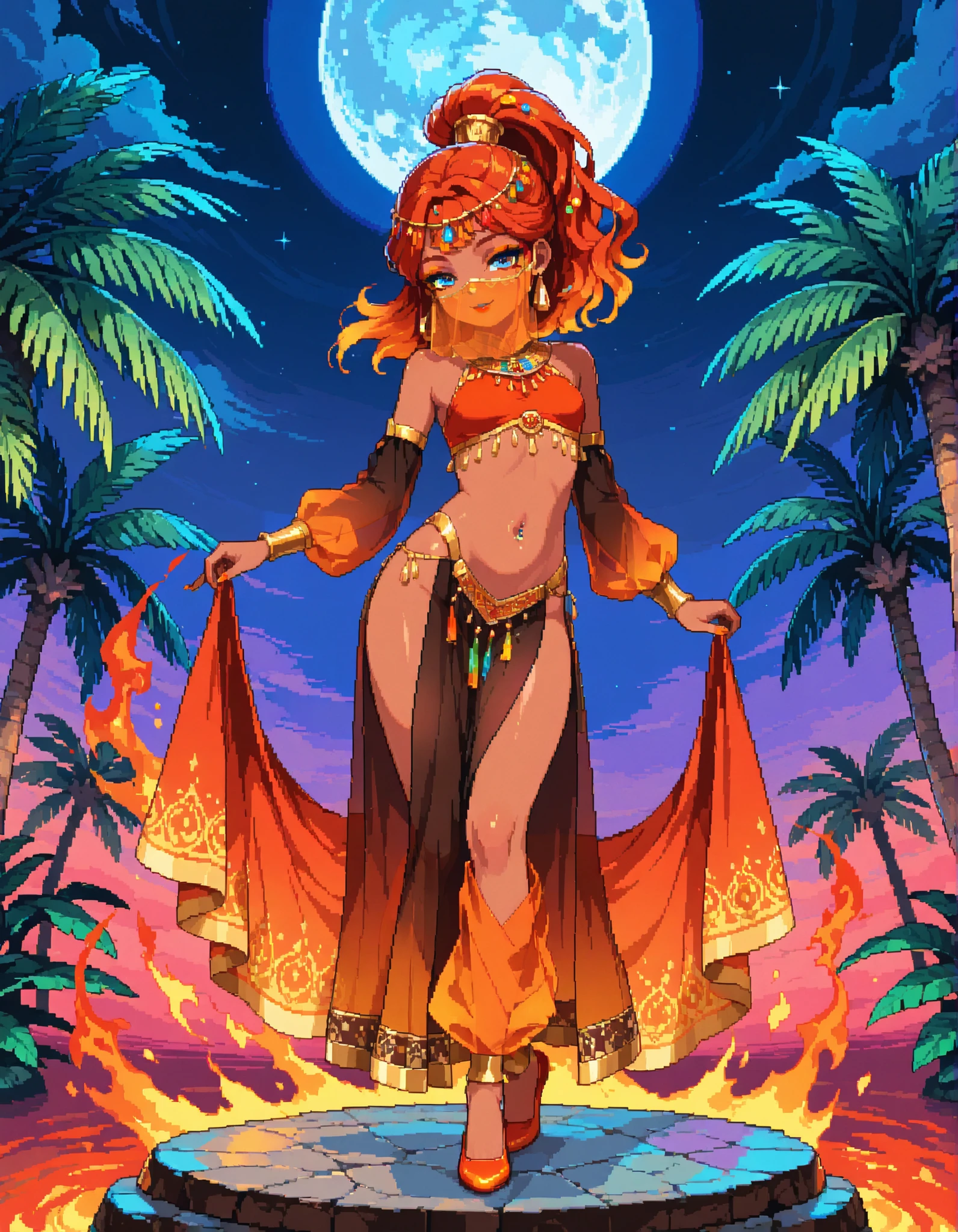 pixstyle, pixel_art, (official art, beautiful and aesthetic:1.2), (1girl), extreme detailed, colorful, (solo), full body, anime, petite arabian djinni woman, brown skin, sky-blue eyes, long bright orange magic hair of fire, jeweled ponytail with jeweled threads on hair, glowing orange lipstick, golden orange eyeshadow, coy head tilt, red and gold gradient bedlah of enchanted fire, detached sleeves, gold earrings, see-through red belly dancer face veil, gradient gold amber and teal eyeshadow, terracotta orange lipstick, sultry lidded eyes, sly smile, sensual hip swaying belly dancing pose, in the background a small blue oasis with palm trees under a full blue moon