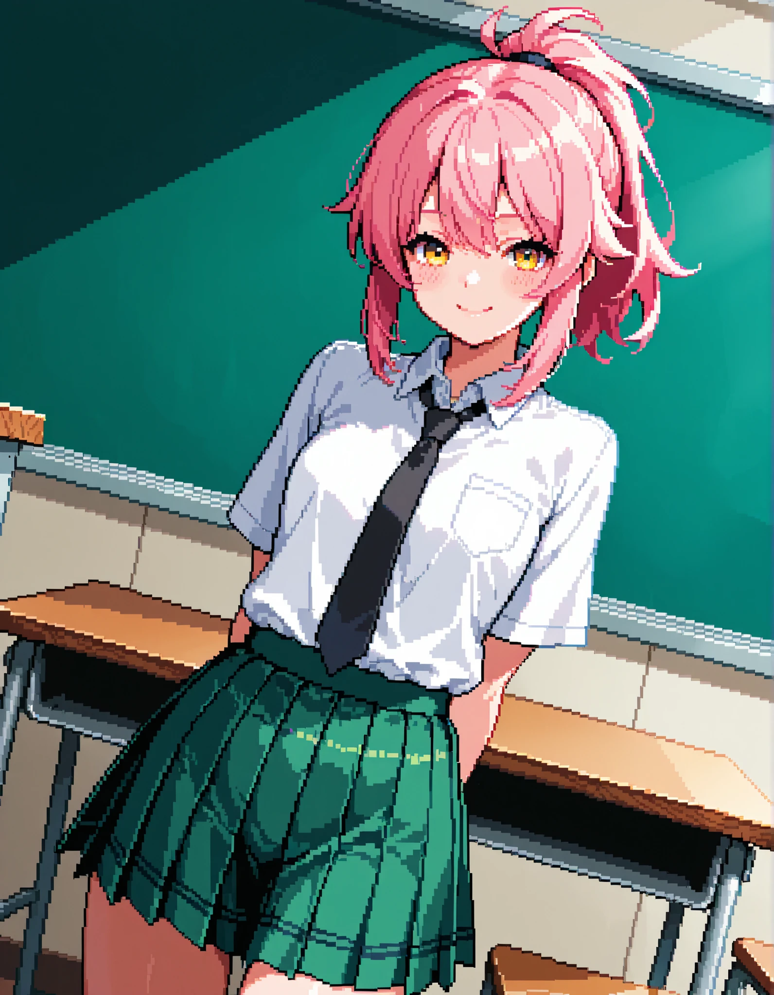 pixstyle, pixel_art, masterpiece, best quality, high resolution, absurdres, 1girl, pixstyle, school_uniform, collared_shirt, black_necktie, pleated_skirt, green_skirt, pink_hair, yellow_eyes, ponytail, medium_hair, classroom, looking_at_viewer, arms_behind_back, smile, dutch_angle, closed_mouth,