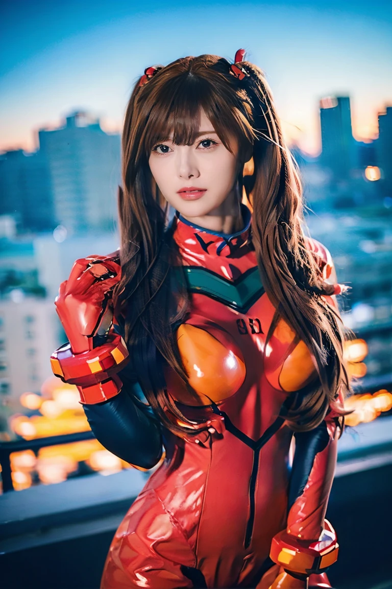 asuka cosplay costume, cosplay, plugsuit, bodysuit, hair ornament,Ultra-high resolution, (Photorealistic:1.4), Japanese, (Beautiful:1.1), (One Woman:1.5), (Age 35:1.3), (Photorealistic photos:1.2), in 8K, Neat bangs, Enlarge the background, (独奏:1.5),、Japanese actress、laughing、whole body、Beach Scenery、Very thick thighs、Huge Tits、looking at viewer,Orange Hair、Beautiful actress、
