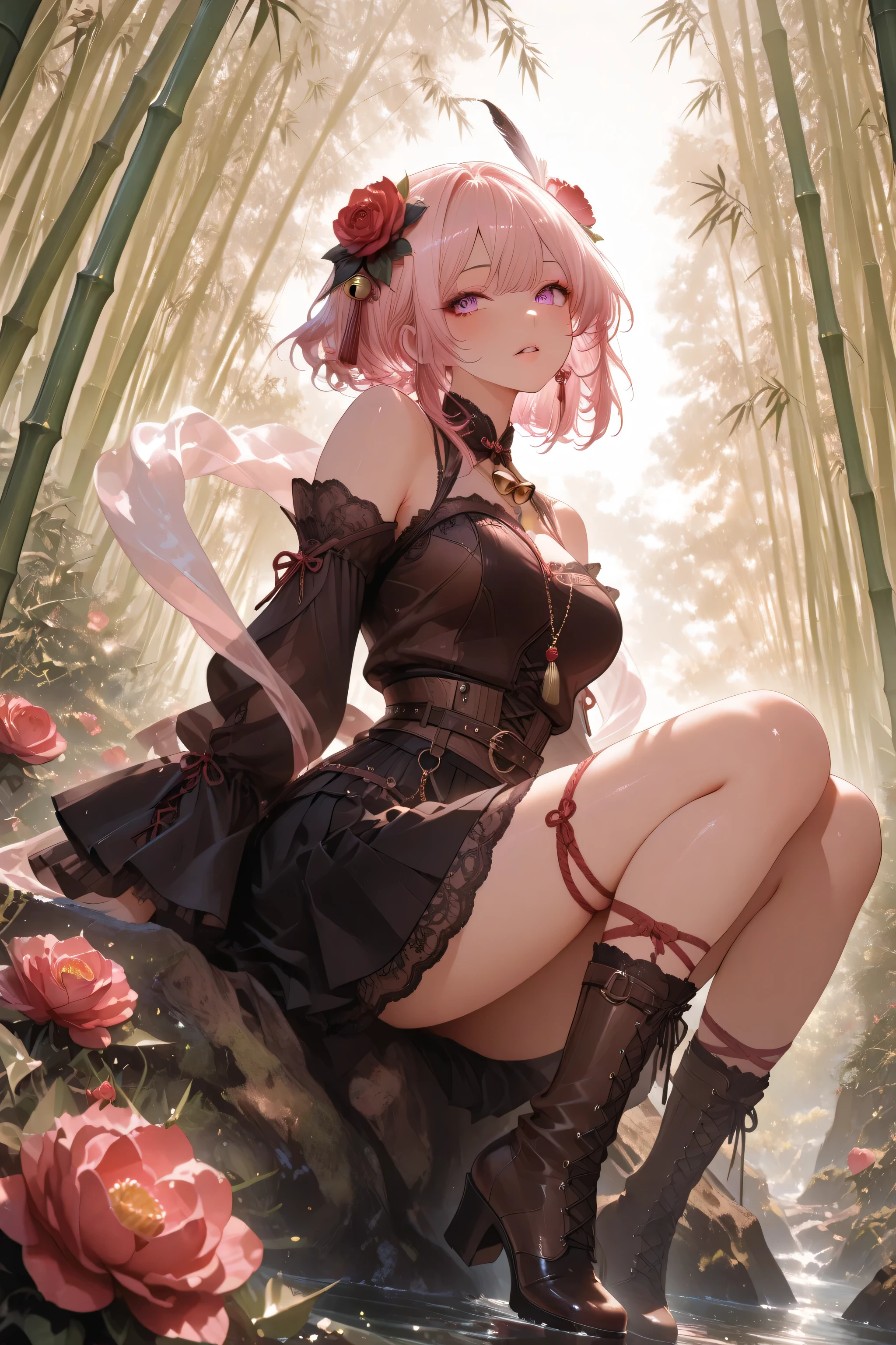 1 girl, violet eyes, light pink hair, short hair, cool, beautiful, medium breast, very cute, lovely, kawaiihair flower, roses, light brown vintage Pleated blouse with bell sleeves and bare shoulders brown vintage-gothic lace-up corset, long black gothic skirt with ruffles, heeled boots, Delicate belt chains with feather jewelry, white theme, light brown theme, necklace, bamboo, flower, hair flower, red flower, peony (flower), hair ornament, weimao, hagoromo, yaopei, zhijupao, leg ribbon, solo, full body, sitting, head tilt, looking away, parted lips, from side, ((dynamic angle)), dynamic pose, outdoors, nature, (blending, surreal:1.3), masterpiece, best quality, amazing quality, very aesthetic, 8k, HDR, cinematic,
