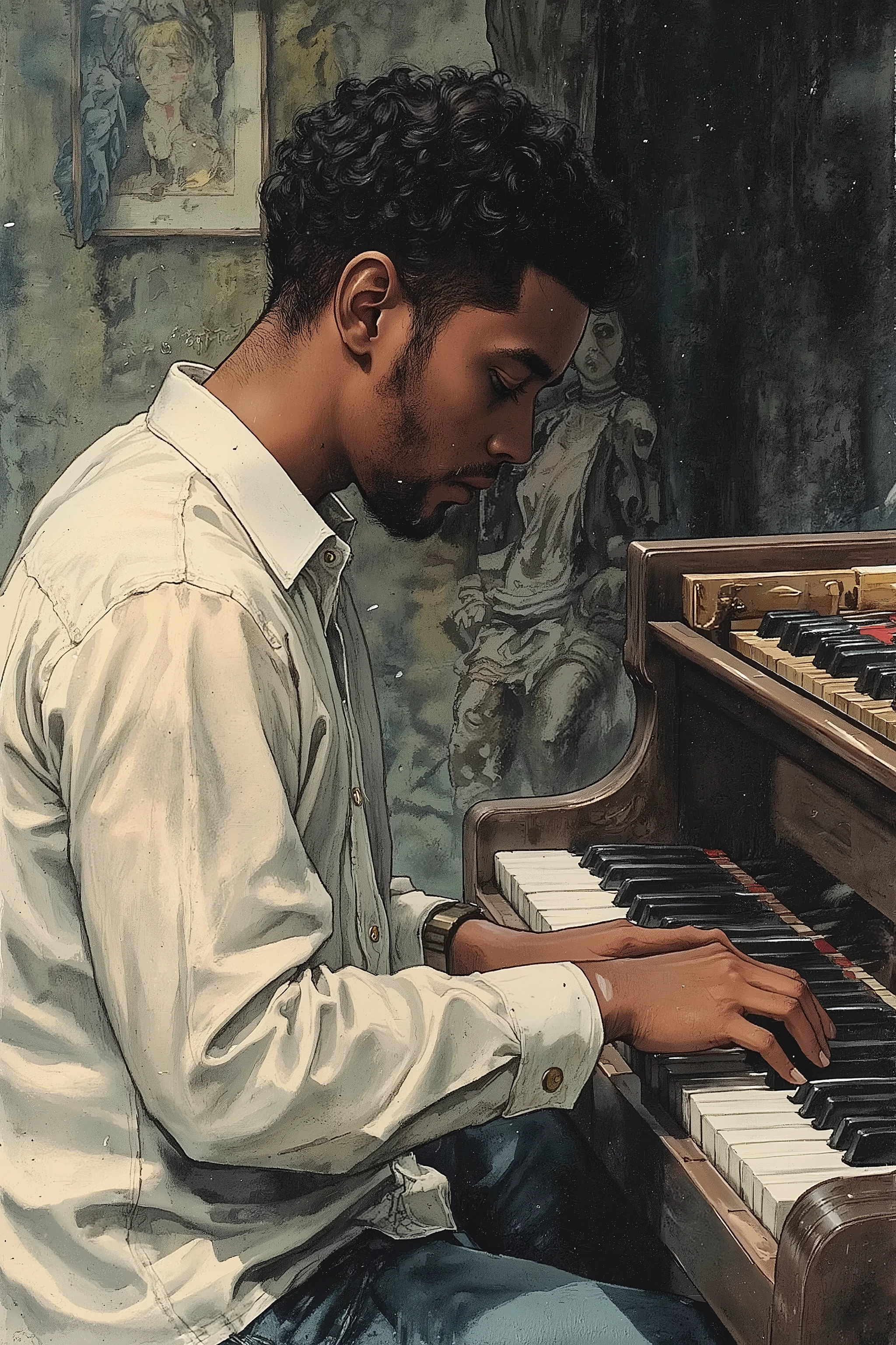  close up face,side view,A black man in a white shirt is playing the piano,Feel the quiet passion,He is playing the piano with his head down,Short Afro Hair,Grand Piano,Monochrome,Album cover art,ArsMJStyle, Zen Ink Wash Sumi-e,
