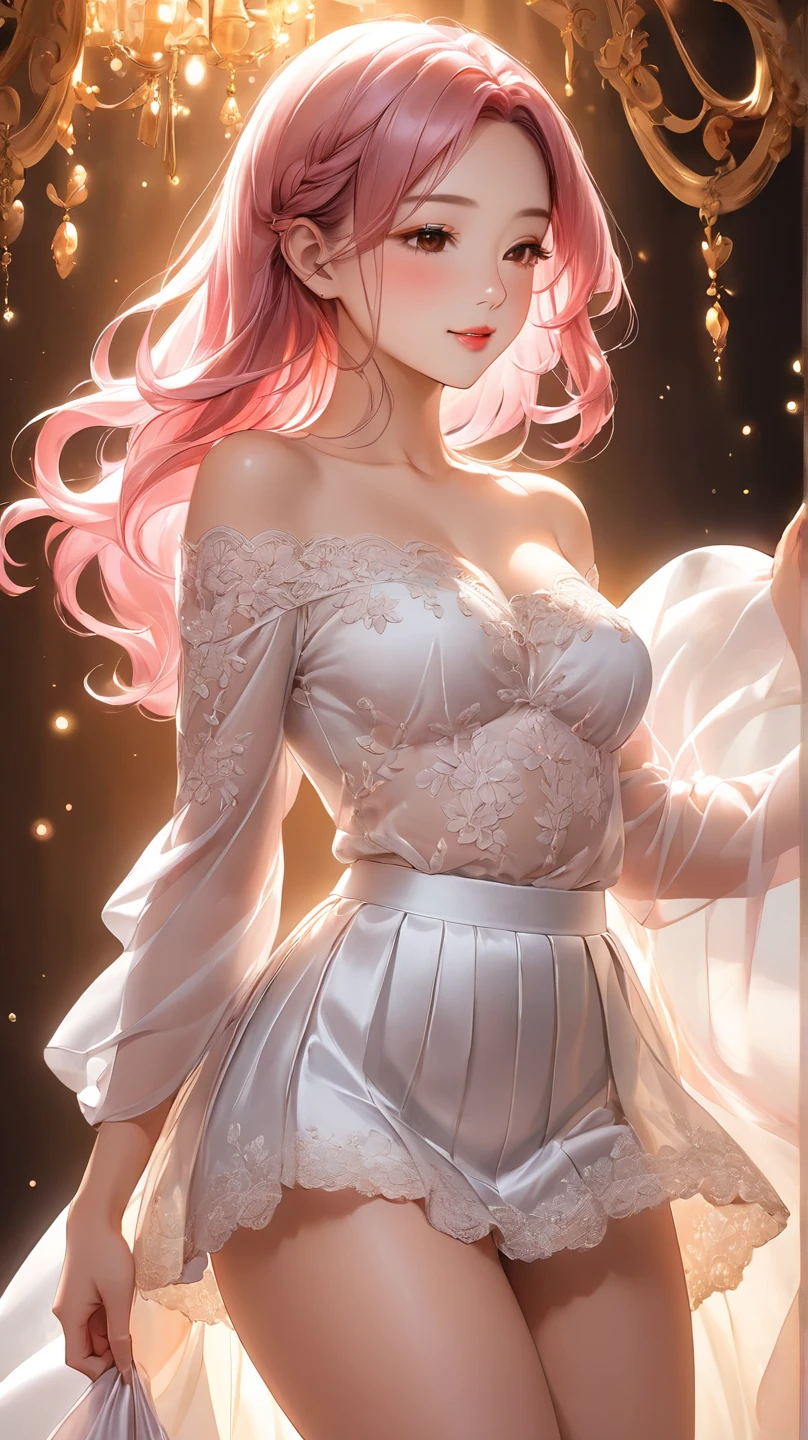 animetoreal, masterpiece, best quality, very aesthetic, absurdres, 1girl, mature_lady,,Hot pink hair,floating hair,in heaven,glowing stardust frontground,fantasy,sparkling,fireflies,front view