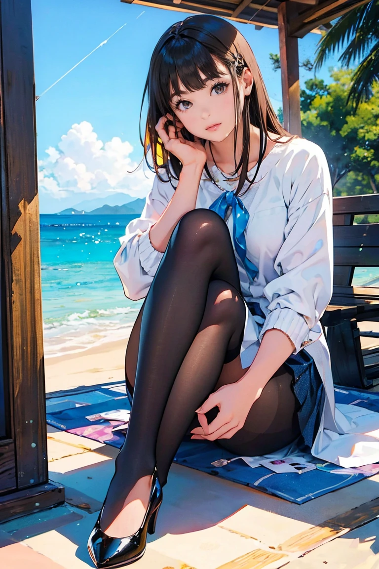 ultra - detailed, A high resolution, (actual, realistically: 1.4), 8K, RAW photogr, (On a table), (Best quality at best), physically-based renderingt, college girl, Brown hair long, Korea, sea beach, unbutton your socks，look at them_The white_The shirt