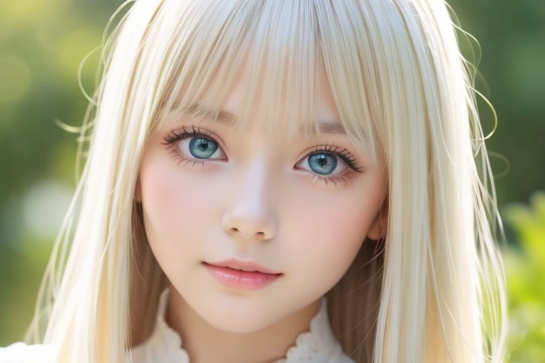 ((Super long silky bright pearl blonde hair))、Pretty bright marine blue eyes、10 year old adorable beautiful girl、cute face、long bangs between the eyes,、white and beautiful skin、glowing skin、gross face、cheek gloss、small face beauty、Big eyes、bright look、((Very happy smile))、Embarrassed blush
