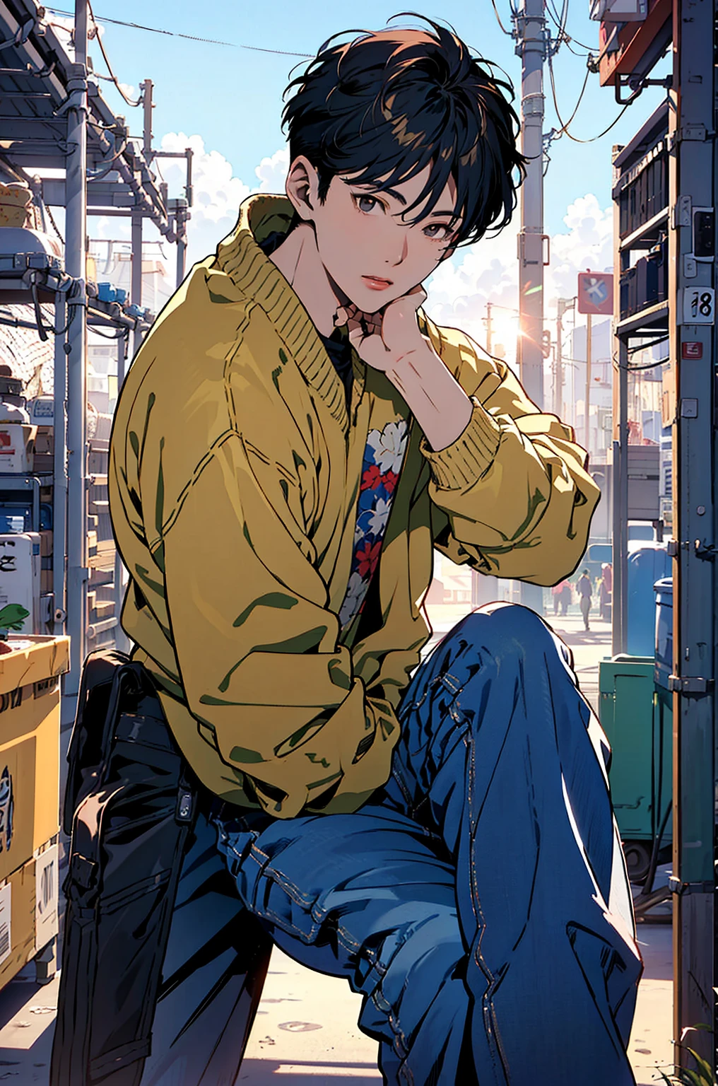 pastel , 1980 style ,colored pencil drawing，( top quality:1.2, very detailed, Newest,  masterpiece:1.2,  Best Aesthetics),((最高masterpiece)),(((top quality)))high definition、((Cool Summer Model Style、  beautiful 、Illustration of a cool and handsome 18-year-old man、Cool and Handsome Poses、 :1.4))((((            18 year old handsome man shining under bright sun            、colorfulな髪色,Cool casual clothes、vintage jeans、)))), (colorful),,Cinematic Light,{X} very detailedなCG Unity 8k壁紙 LIGHT, fantasy shot taken with Nikon Z7 II mirrorless camera,Bright Beach Background、1980s retro vintage sparkling bright beach view         、Sparkling color gradation。