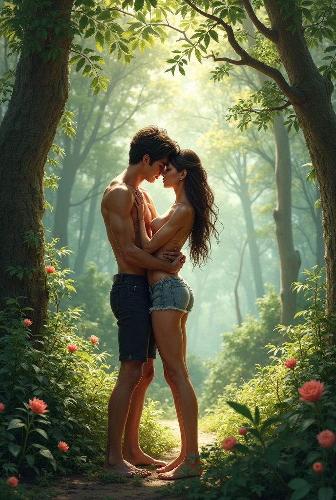 Two men and women having sex in the cowgirl position on a bench in the forest
