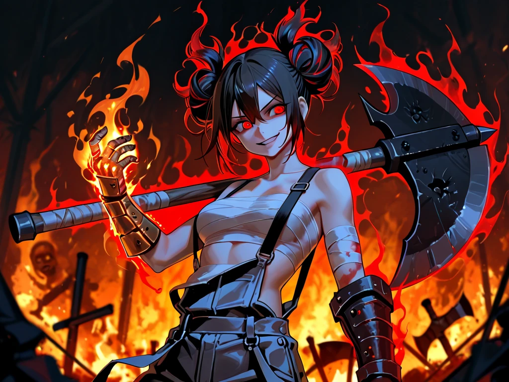 MakiOze, MageCL, 1girl, flame effect, flame in hand, cowboy shot, small breasts, bra, gloves, slim, glowing eyes, navel, pale, dark sky, red moon, exterior, red eyes, villain, masterpiece, evil, bored