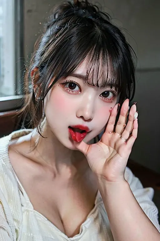 There is a woman in a black and red floral bra top, red lips, thick red lips, sexy red lips, small thick red lips, cheeky smile with red lips, thick lips, profile image, in red and black, both have red lips, on red background, very low quality image, candid image, lush red lips, ayahausca ( 18years )