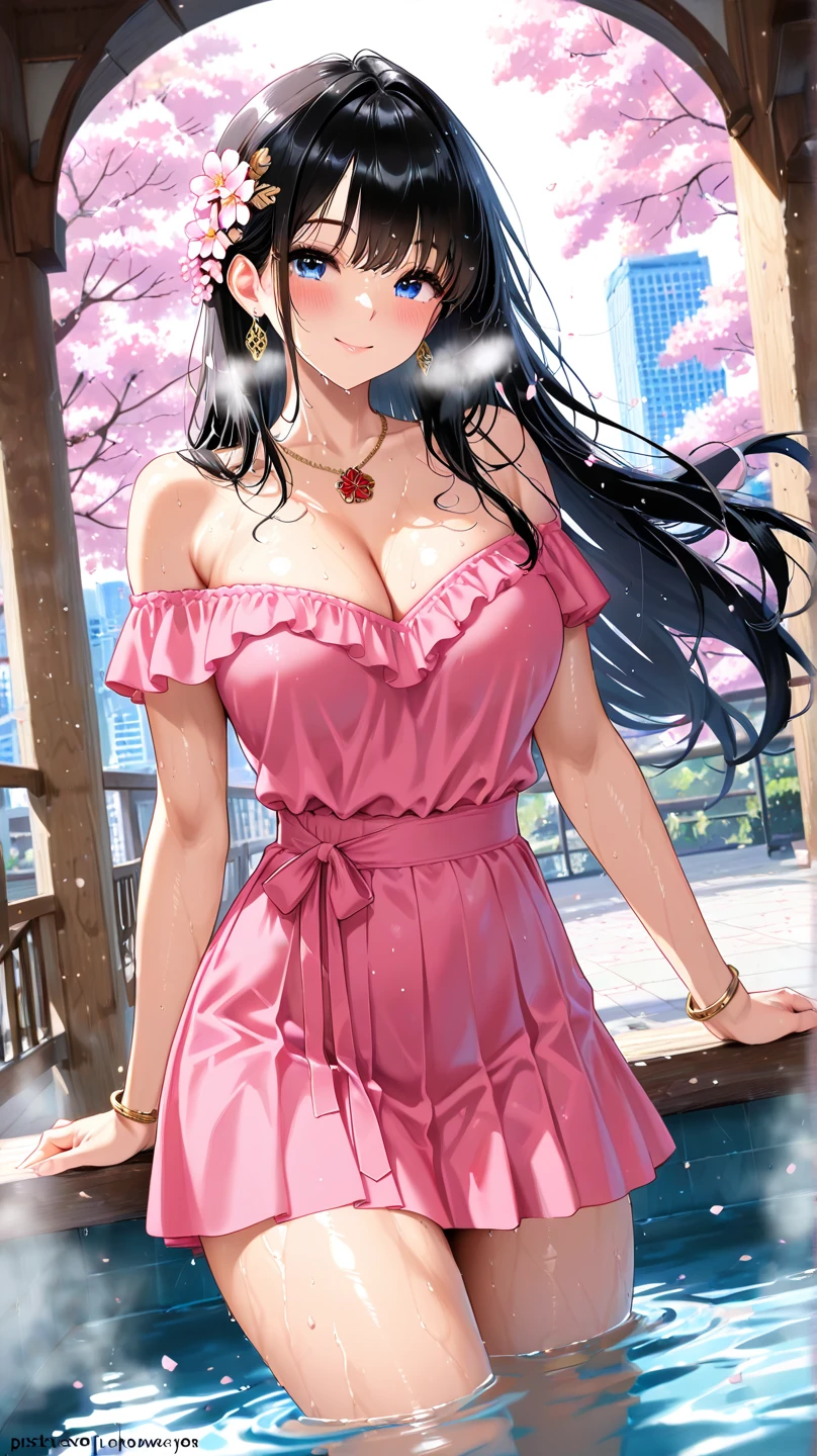 (Marnie:1.3), beautiful,masterpiece, (smir),((gigantic breasts)),smile,best quality, (pink dress:1.2), outdoors,sunny,(1girl:1.3), thighhighs, wide hips, loose top, teen girl, hyper realistic, bending forward, solid top, boob window, Slutty , slutty expression