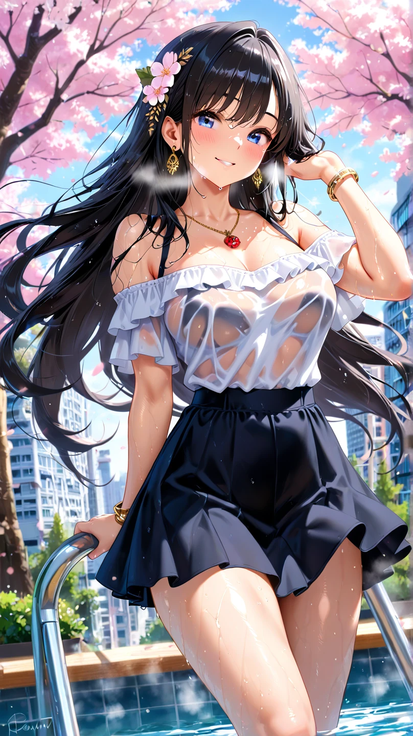 realisticlying,3girl,Black hair,Purple eye,glowing light eyes,Cut the top,a skirt,parted lip,Be red in the face,the night,fresh flowers,suns,rays of sunshine,Huge breasts,