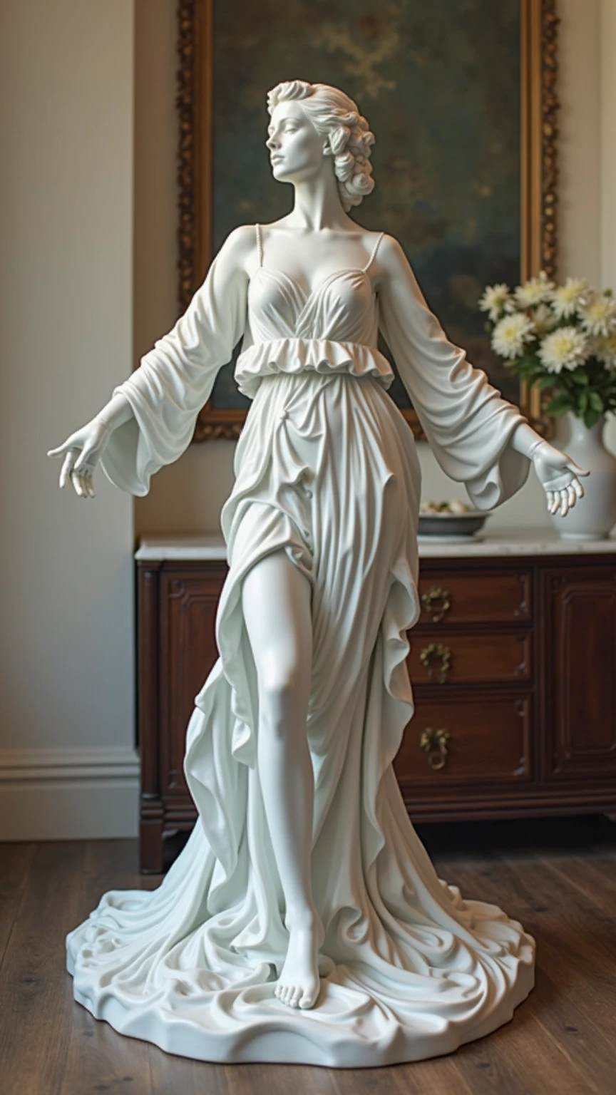photo of <lora:betterCuteAsian03:0.3>, a woman as a (white_statue,stone_statue:1.3) wearing luxury_dress, on a pedestal, modelshoot style, photo of the most beautiful artwork in the world, High Detail, Sharp focus,in the middle of a square, full body, (closeup), <lora:luxury_dress:0.5>, <lora:stone_statue:0.5>