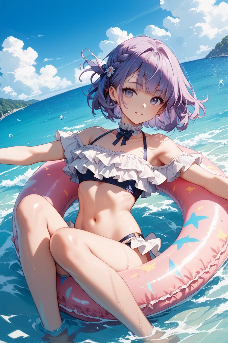 (kafkaxl), swimsuit, black bikini,micro bikini,  cleavage,grin, <lora:KafkaXLtest-000005:1> ,purple eyes, purple hair, 1girl, solo,crossed legs,, (masterpiece,best quality,ultra_detailed,highres,absurdres:1.2), <lora:add-detail-xl:1.5> ,<lora:neg4all_bdsqlsz_xl_V7:1>