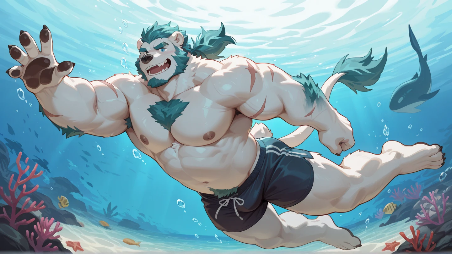 eastern dragon, nipples, strong, (underwater), bubble, air bubble, tail, old, barbel, fluffy mane, kemono, yupa, kiyosan, green body, red hair, <3, detailed background, photorealistic, dark shadows, wide dynamic range, hdr, low light:1.2