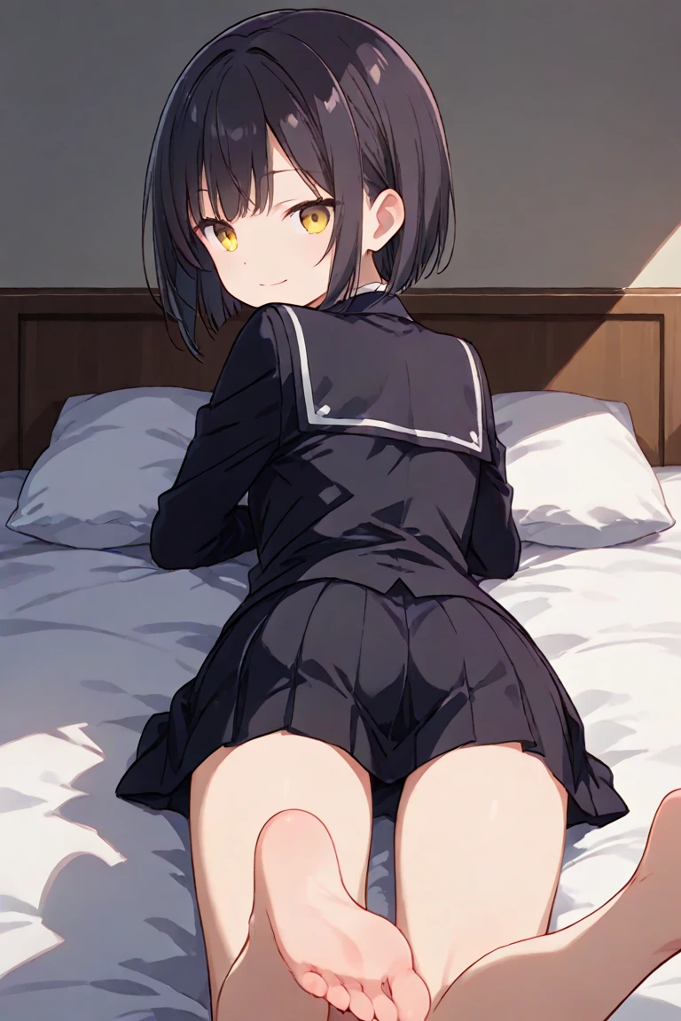Highest quality, High resolution, 1.female, Bare feet Vibrator Black eyes Cute Naked Small breasts Short hair, Black Hair, Full body, collar, front, bed, lying down, butt up