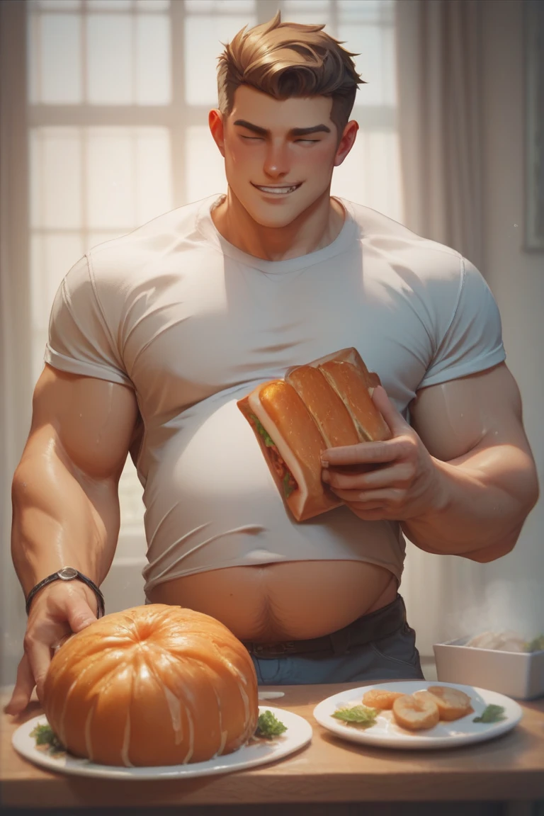 Homem pelado, beef cake. He's screaming because his hot pecs are being sucked by tentacles.  Imenso peitoral.