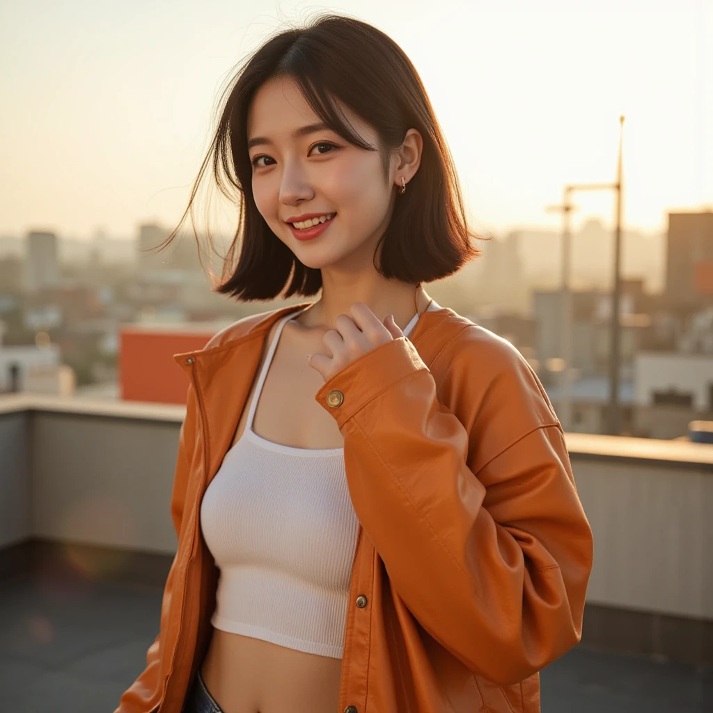 masterpiece,raw,beat_quality,(((Young fashion woman wearing brown sweater and black leather miniskirt))),light makeup,crying and smiling,black boots,slender,white skin,pearl skin,confidence,fine facial details,beautiful face,big eyes,elegant black hair,character is close to the lens,standing in the photo,photo,medium hair,clean sky, Some clouds, dusk, film lights, full-featured, shabby factory, the environment has many details, bright colors, bright pupils, perfect female figure, breeze blowing, train is driving, stairs, sunset, sunlight illuminates the sides, there are tourists in the background, a sense of drama, old buildings