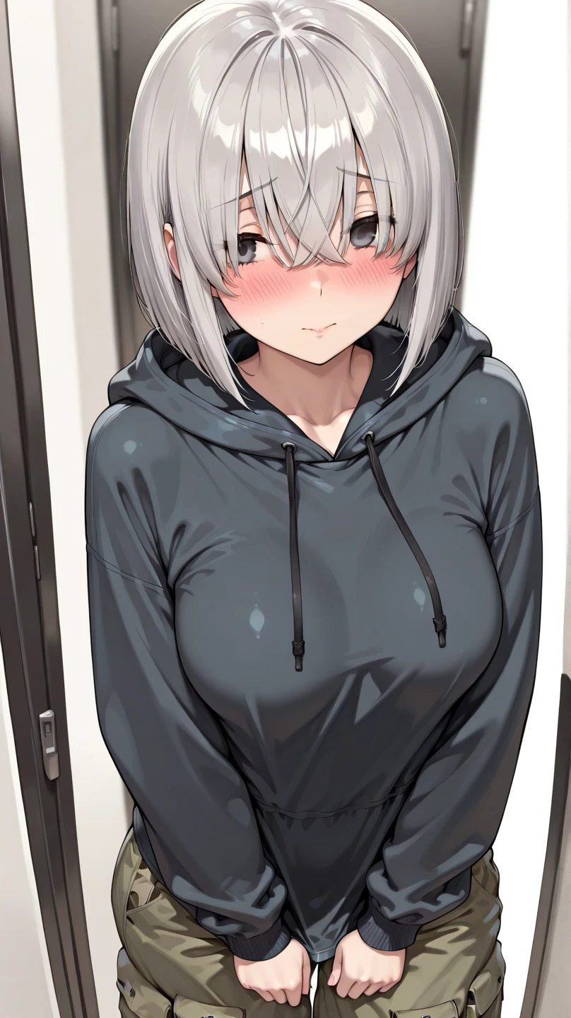 solo, 1girl, happy, looking at viewer, blush, small breasts, dark green hair, single hair intake, afro twintails, silver eyes, brown shirt, arm_behind_back, otaku room, <lora:Menyoujan_style_v01.07:1>