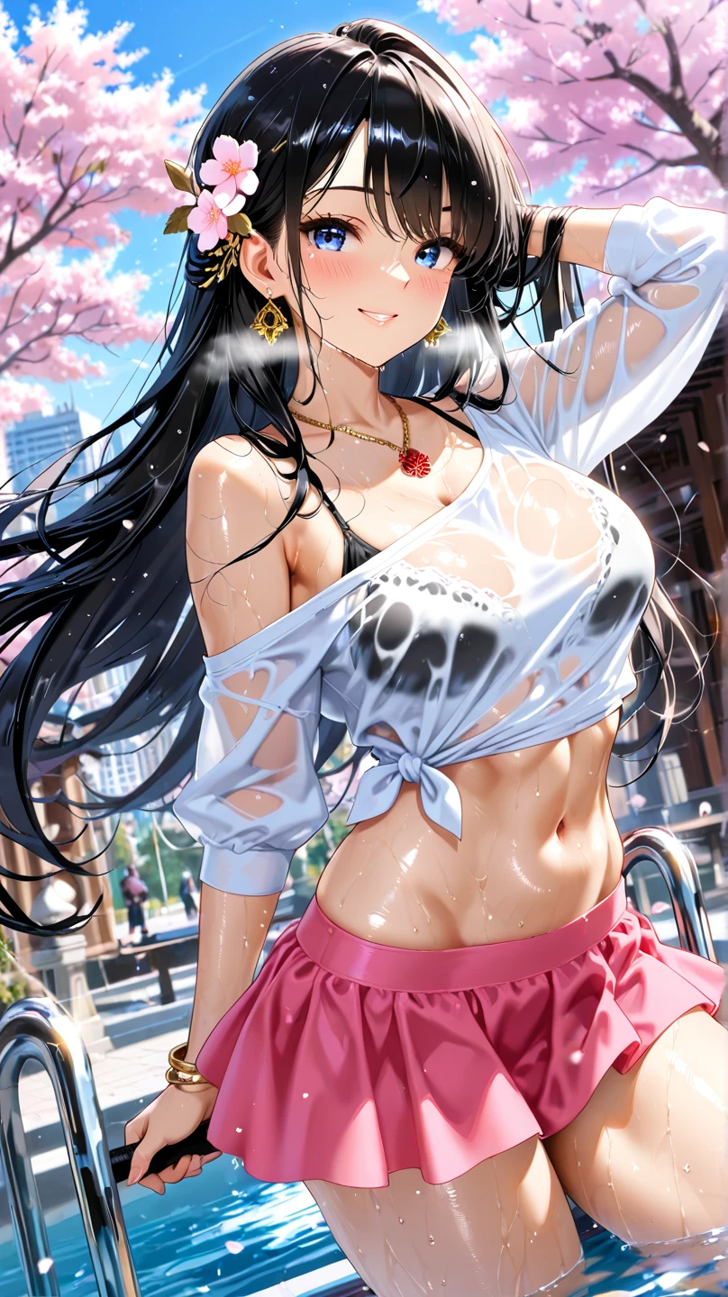 girl, Blue sky and white clouds, I wear silver glasses, happy, happy, reddish cheeks, black hair, wear a headband with a pink bow, perfect quality, Clear Focus (Clutter - at home: 0.8), (masterpiece: 1.2) (realistic: 1.2) (hips) (Best quality) (Detailed skin: 1.3) (complex parts) (8 k) (Eye Details) (sharp focus), (happy)