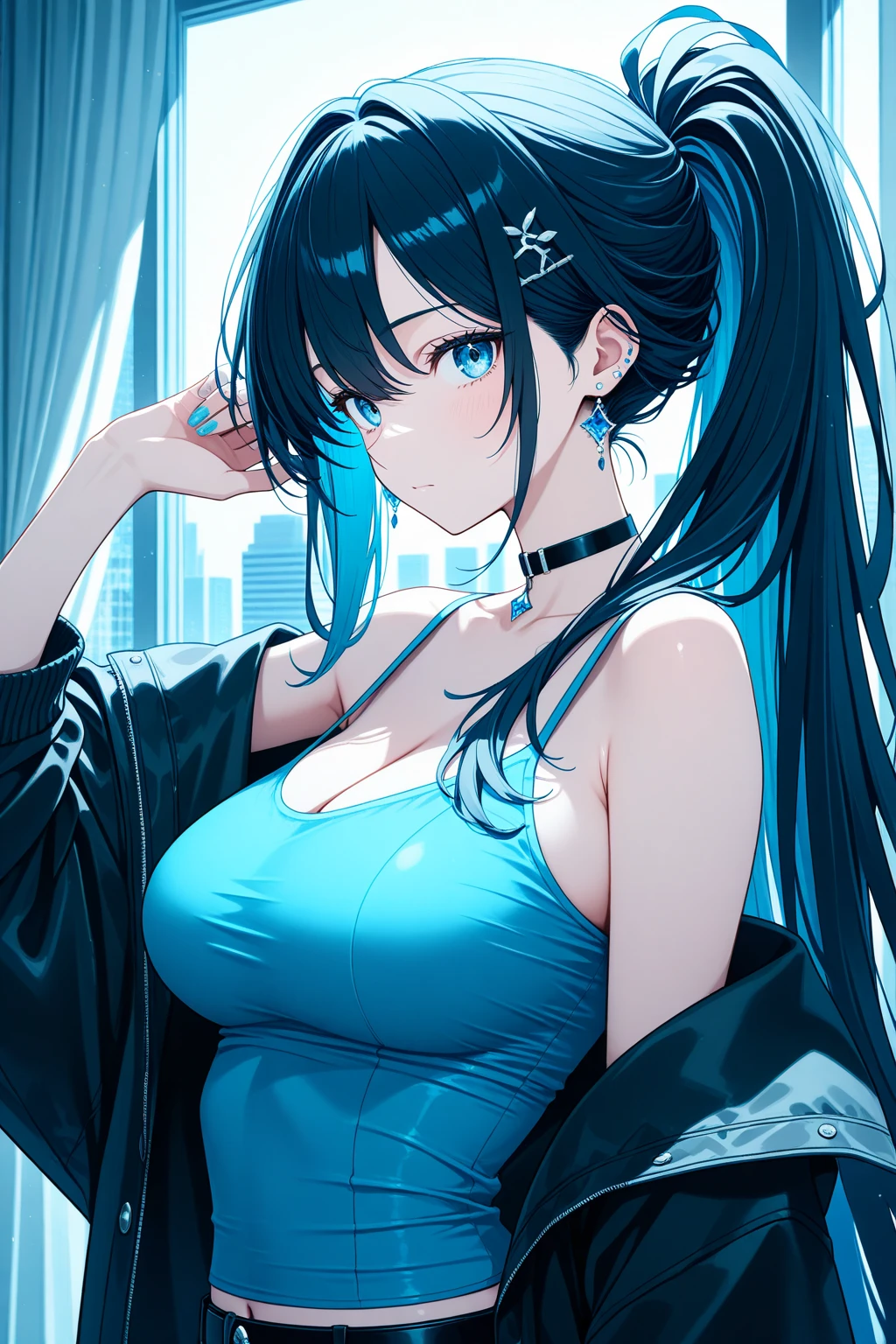 Beautiful woman with long black hair with a bluish tint