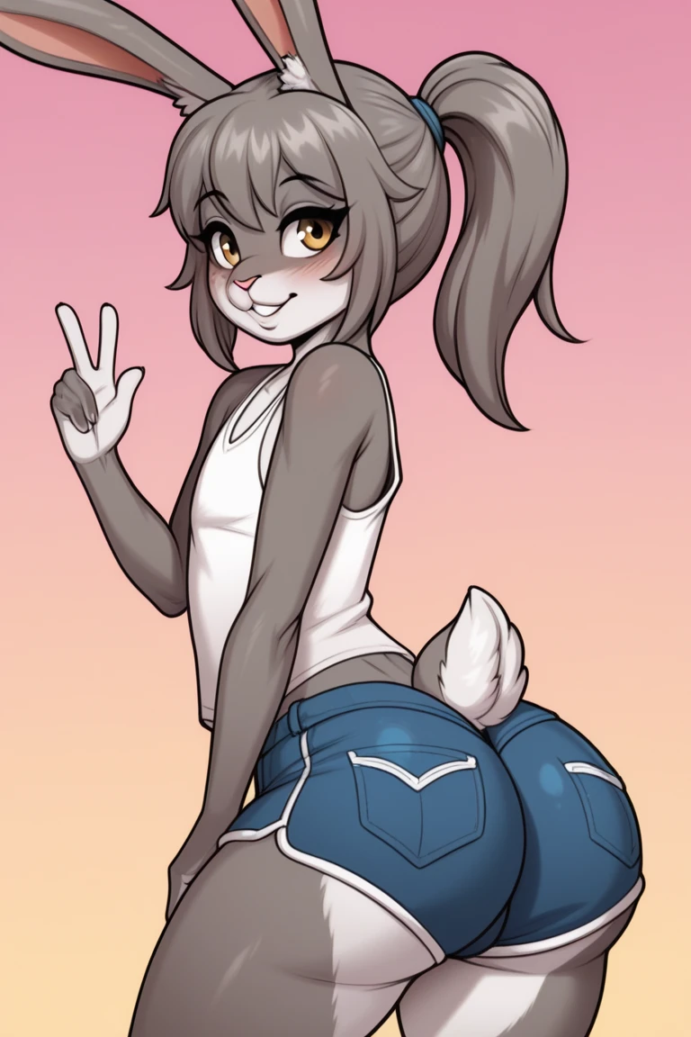 a cute adult male with wolf ears, long white hair, long locks, has a wolf tail, wearing a loose cropped oversized black hoodie, wearing a pair of denim short shorts and fishnet stockings, thick thighs, wide hips, relaxing on mound of fluffy multi colored kawaii plushies, short, very slim, showing slender tummy, stretching out, heart on hoodie, squishy thighs, has glowing blue eyes. alone, solo (ALONE)(SOLO), surrounded by rainbows, colorful galaxy backround, turned around, shot from the back, big juicy butt, has a wedgie