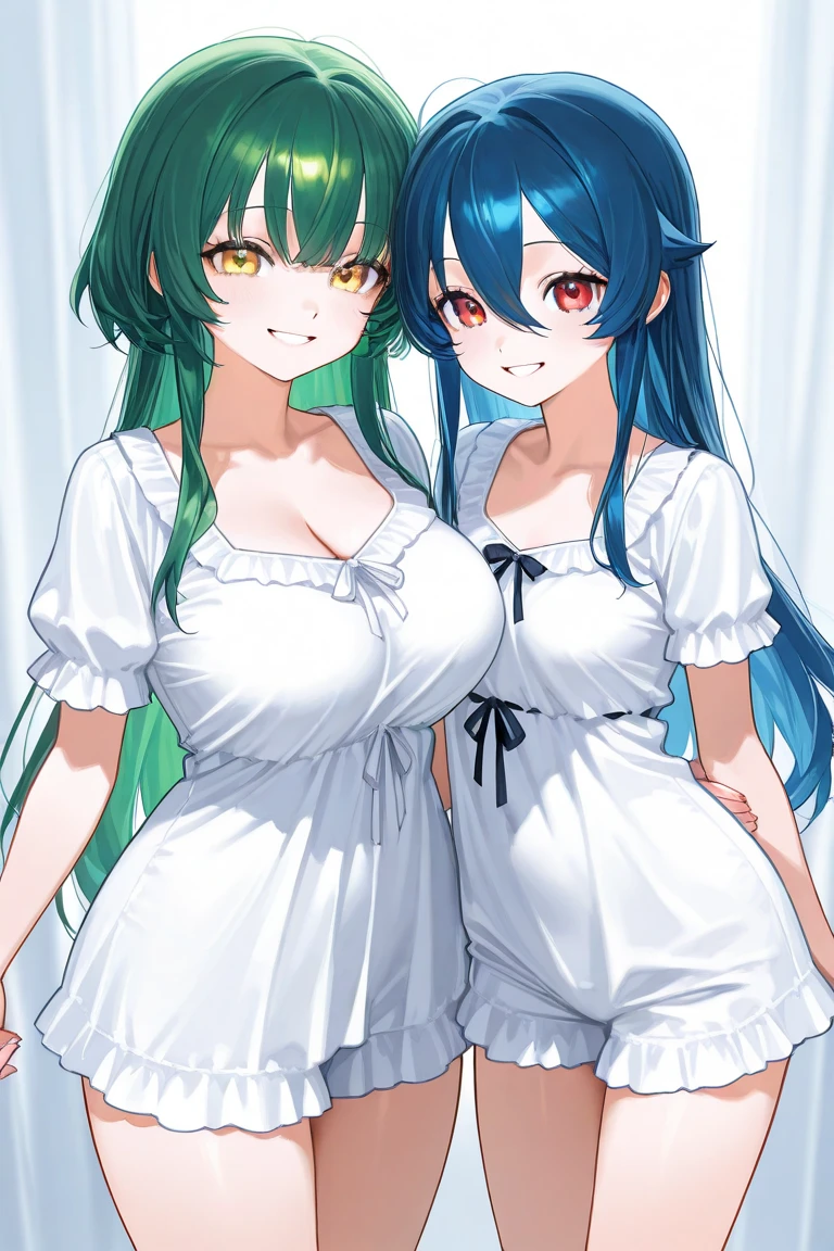 2heads, a short chubby woman with 2 heads. She has gigantic breasts. She is in a kitchen. She is wearing an apron. She has enormous breasts. She is smiling wide. She has long hair. She has a motherly appearance. Her breasts are massive. She is blushing. She looks seductive.