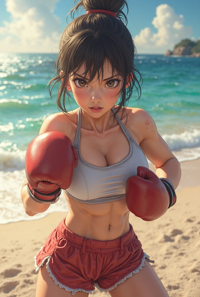 Punk girl, huge breasts, strong biceps, strong abs, muscular, gym, glowing red eyes, beautiful, young, fair skin, smooth hair, high quality, detailed, masterpiece, red shirt