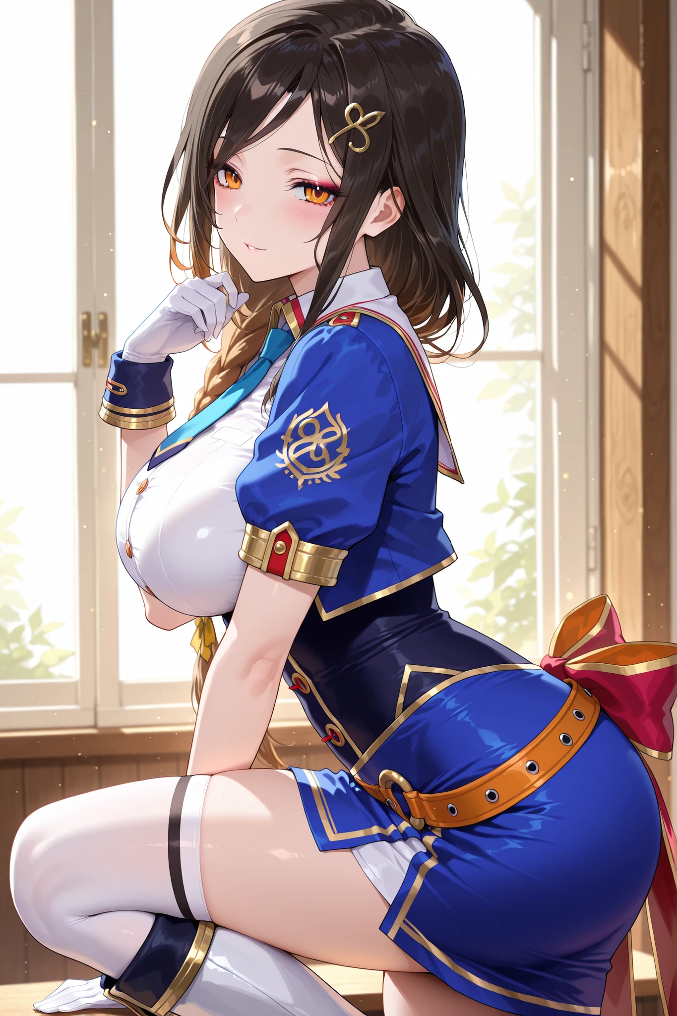 solo,masterpiece,best quality, amazing quality, highres, absurdres, very aesthetic, high resolution, ultra detailed, perfect details,nijitomoe,large breasts,orange eyes,black hair,makeup,long hair,single braid,hair over sholuder,hair ornament, glorious azure,official alternate costume,open clothes,open jacket,wing collar,blue jacket,cropped jacket,puffy short sleeves,blue short necktie,white shirt,underbust,buttons,double-breasted,white gloves,gold trim,back yellow bow,belt,horsehoe ornament,red bow,white thighhighs under knee boots,high heel boots,white footwear,skirt,high-waist blue skirt,,mature female、anime screencap,(masterpiece, detailed:1.2)