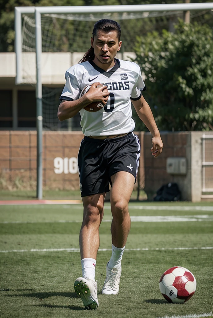 2 Japanese sportsperson guys, 25 years old, football shirt, see-through outfit, JOCKSTRAP Men's Underwear, a short beard, park sharp eyes, football field background