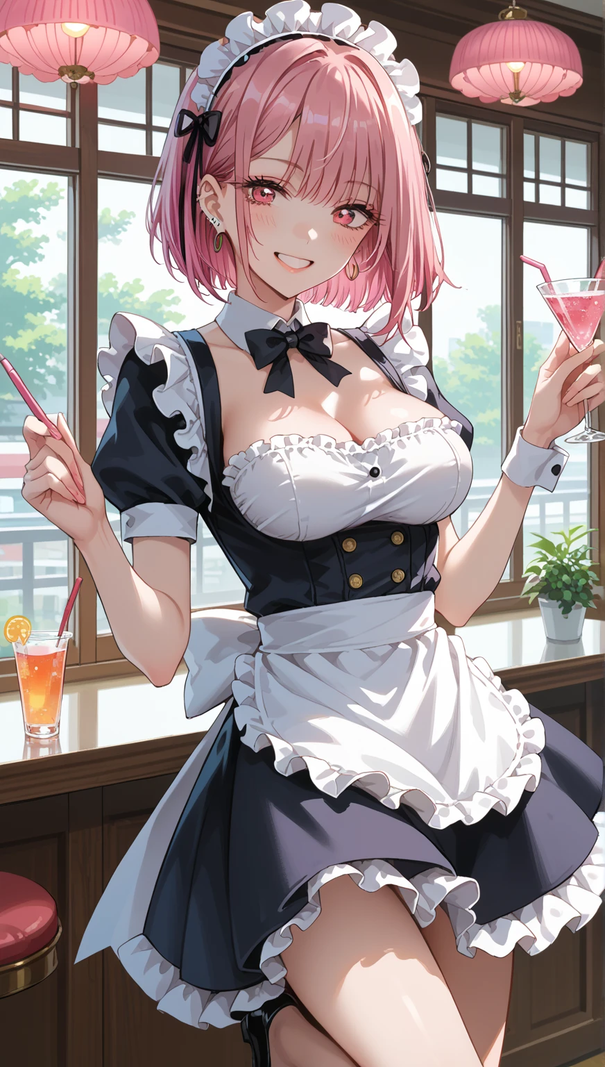 1girl, natural lighting, masterpiece, highly detailed, illustration, absurdres, high quality, beautiful detailed eyes, glossy lips, natural lighting, medium breasts, pink hair, light smile, cafe, strapless leotard, fishnet tights, bunny ears, pet collar