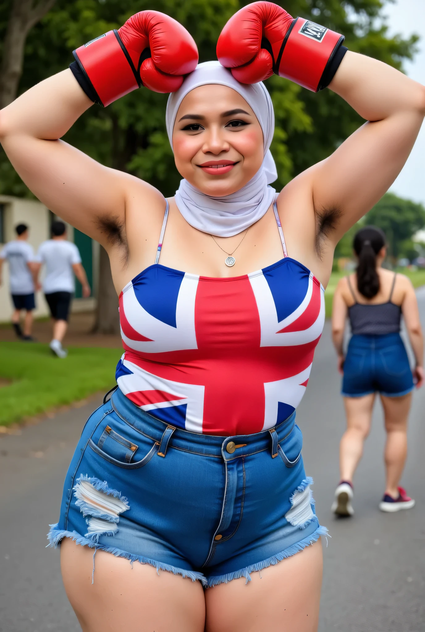 Chubbyfront view, Malaysian hijab-wearing mother. (Wearings British flag top strapless ). BOTH HANDS IN STRAIGHT UP LIFT WEARING RED BOXING GLOVES, hairy Arm pit, too much very short denim micro-shorts unbuttone.