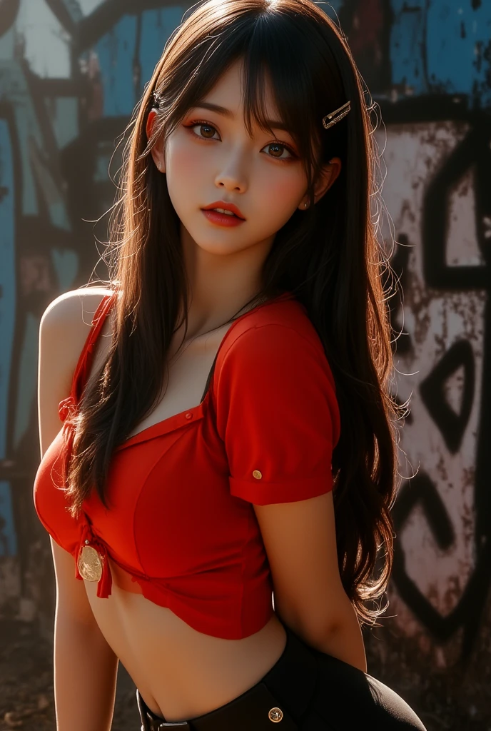 A detailed portrait of a Chinese college girl. Small breasts, slender abs. wearing mini shorts and a fitted red crop top. Long messy hair with bangs. Necklace. Earrings. Red lips.  Sexy gaze. On a rainy night in the street. 