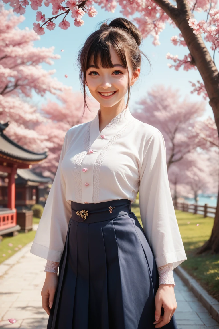 ((1人の女性,japanese beautiful woman,40 years,Introducing Japan's most beautiful face in detail,A detailed face,Accurate face)),((((Formal blouse with ruffles,Classy ruffled blouse,formal jackets,Navy jacket,Formal Flared Skirt,Navy Midi Flare Skirt Black,Classy navy skirt,Have a classy little bag)))),((Standing on the doorstep of a high school,Reinforced concrete construction校舎,Reinforced concrete construction,It is a very large school,Wide entrance,背景は満開のThe cherry tree,Reinforced concrete constructionの大型校舎,Respectable Schools,There are many cherry blossoms blooming in the school,The cherry tree)),((Perfect makeup, Looking at the camera,The most beautiful faces in Japan,adultlike face,Big smile,Biggest smile,Staring at this,Take photos on your lap,Tastefully put together hair,Slimed,Colossal tits,Breasts are big,Emphasize the bulge of the chest,super-fine,beautiful hairl,perfect glossy skin,Perfect shiny hair,View here,Perfect fingers,face perfect,细致背景,Fair skin,Crystal clear white skin,Perfect fingers,细致背景,top-quality,The ultra -The high-definition,Perfect Anatomy,high-definition RAW color photography,professional photograpy, Very delicate, Extremely detailed,finely detail, Huge file size,Top image quality,8K,Award-Winning Works,masutepiece,Professional filming))