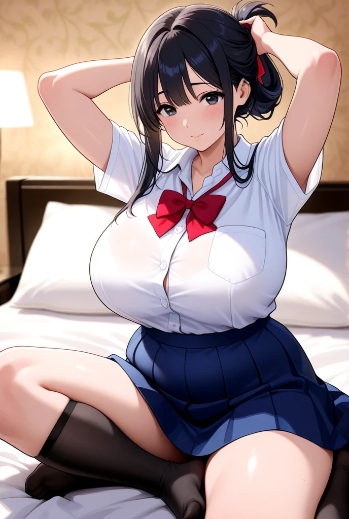 Show the whole body(flying debris,1 Girl, alone,,Girl,Primary school students) (Fumika Kodama)low length,ponytail,Pink Ribbon,Spread your legs in bed,Big Breasts,Big Breasts,Big Breasts,Cleavage,Cleavageを見せる,uniform,Navy Blue Skirt