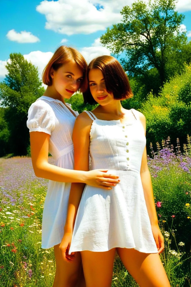 young 1990s farmer women together, <lora:RealDownblouse4:1.15>